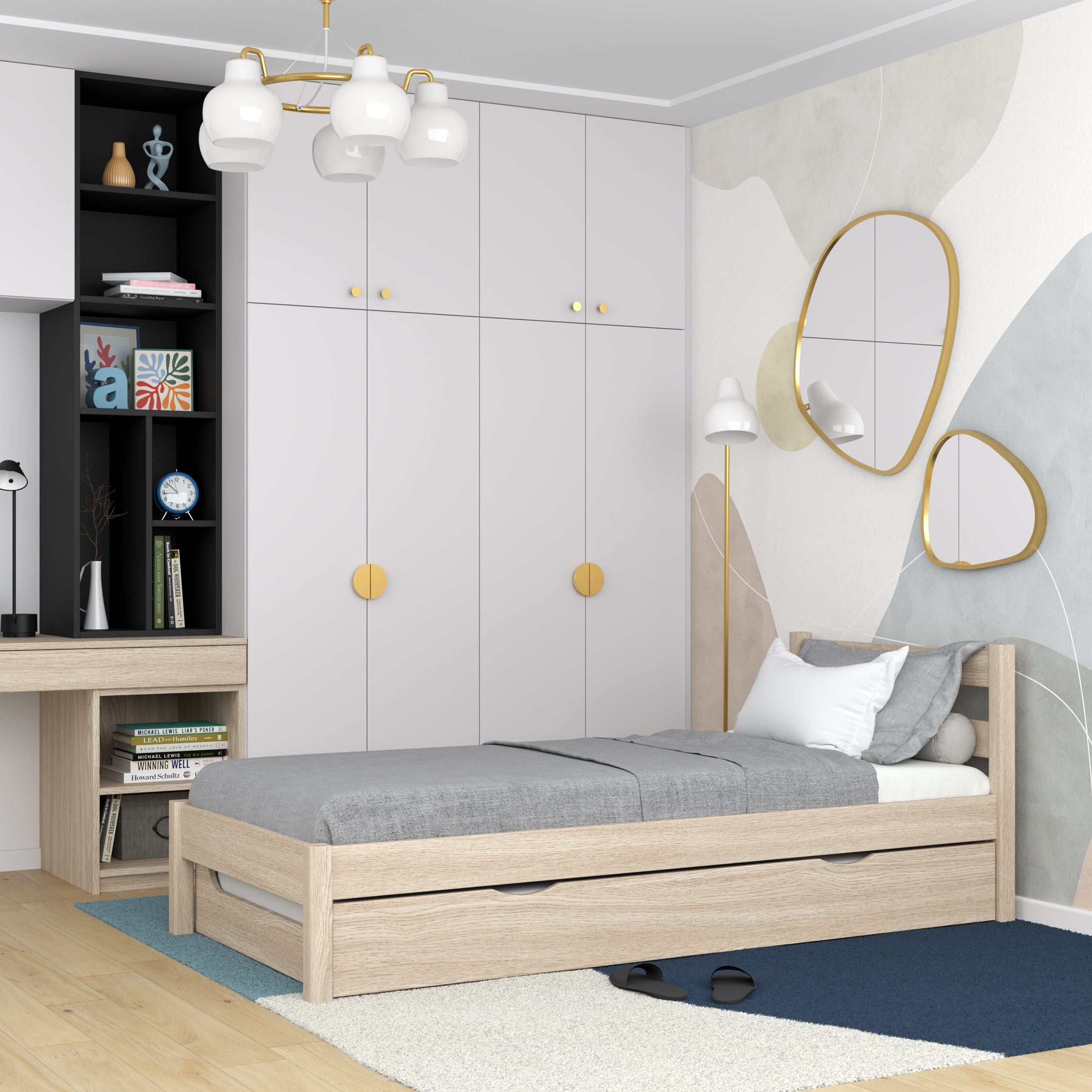 Bett mit Schublade für Matratze Eiche gebleicht – Schublade ausgezogen, Gast