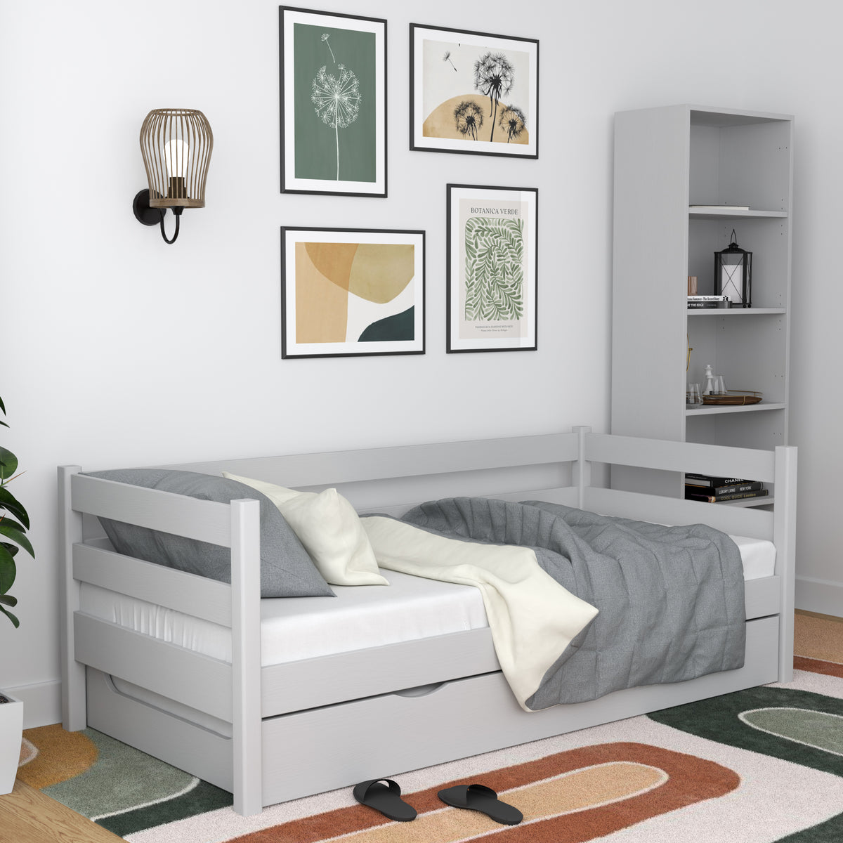 Sofabett grau mit Matratzen-Schublade – Holz, Nizio Home