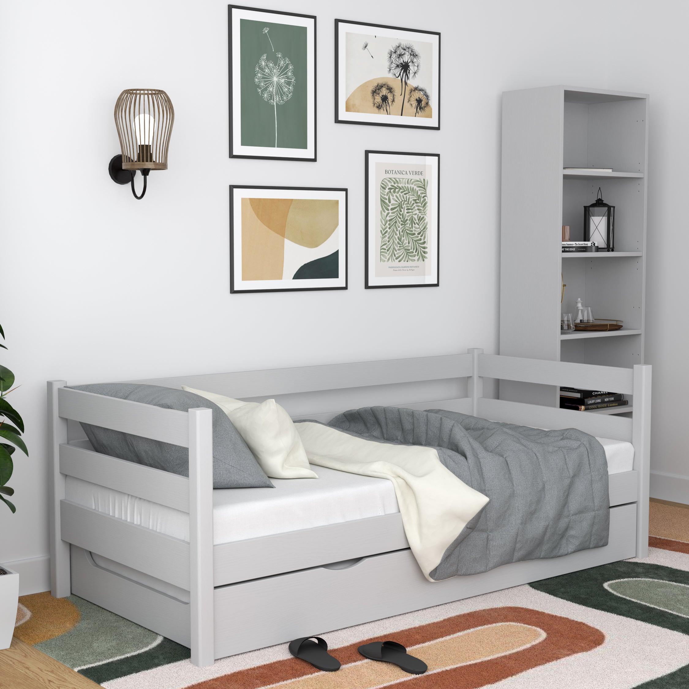 Sofabett grau mit Matratzen-Schublade – Holz, Nizio Home