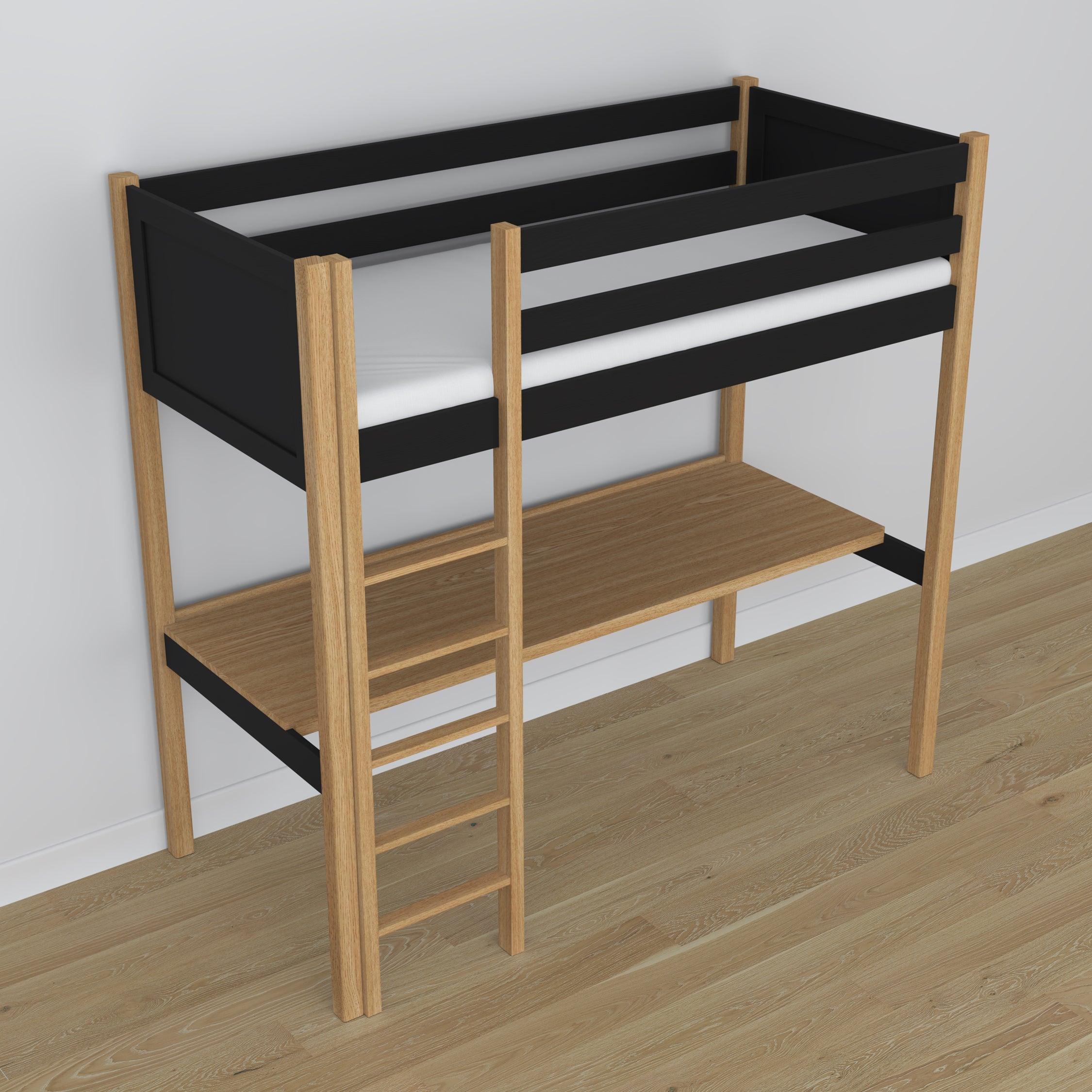Loft bed black/oak wooden – top view of the sleeping area, Nizio