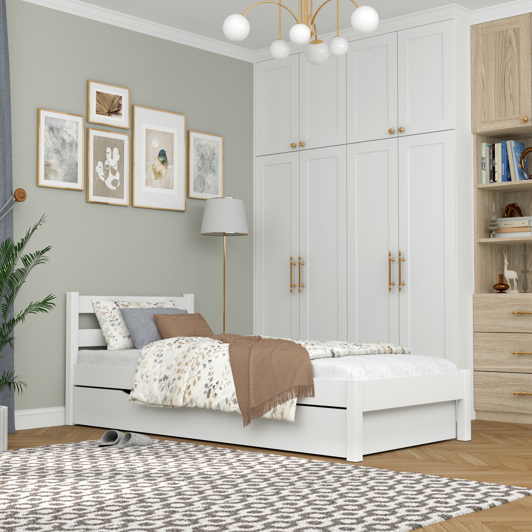 Lit avec tiroir en bois blanc – tiroir ouvert, l'intérieur schowka