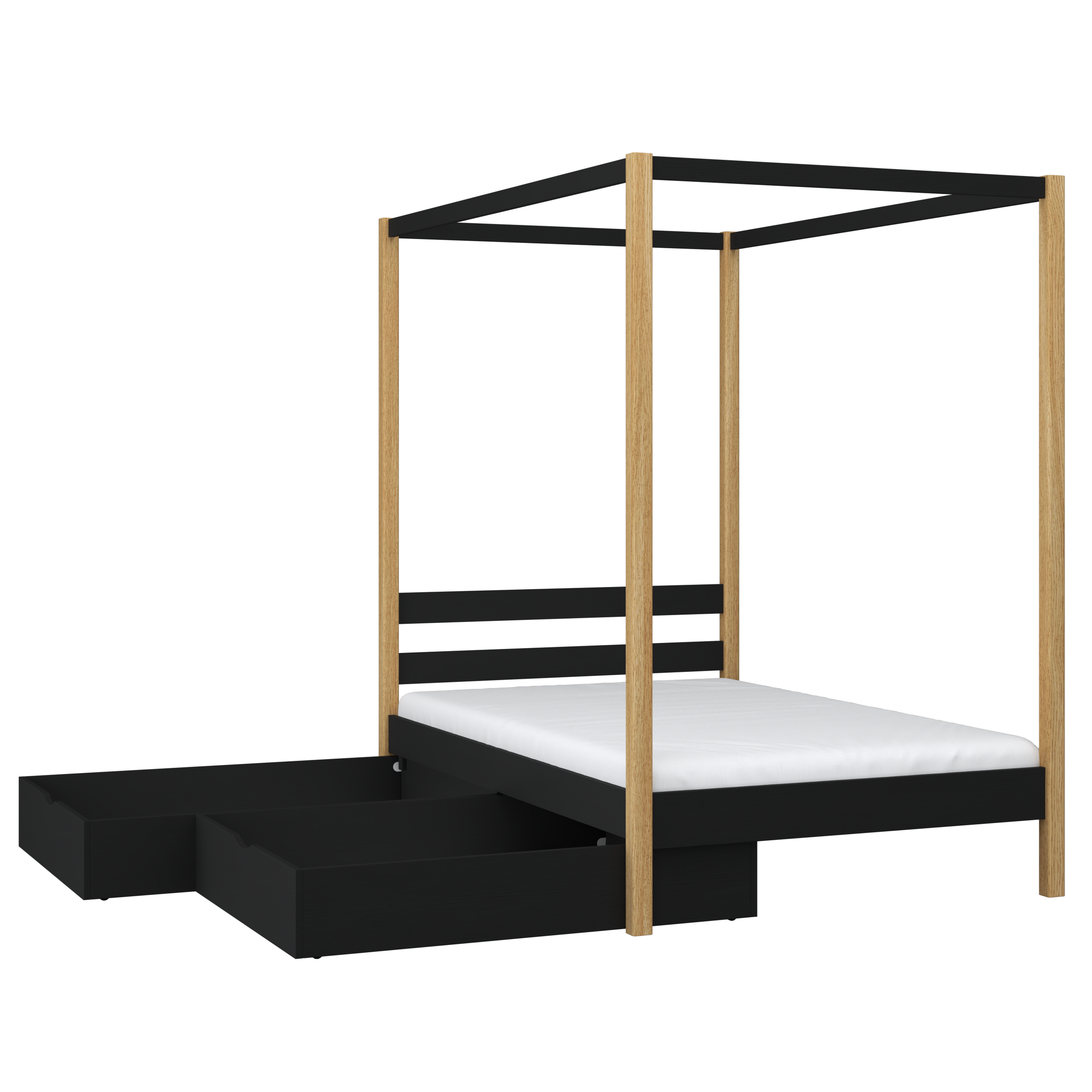 Black and Oak Canopy Bed – Wooden Details and Joints, Nizio Home