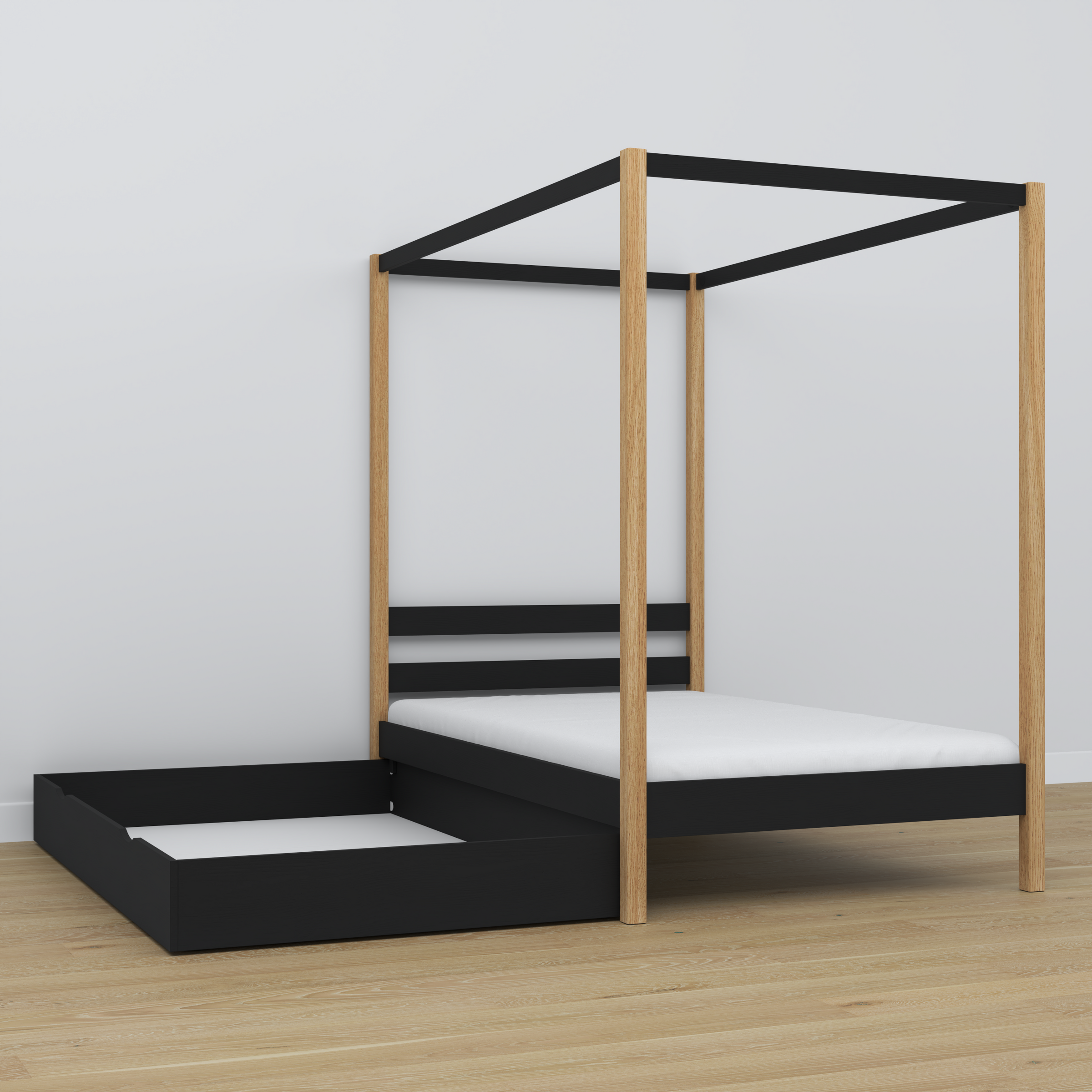 Wooden black-oak canopy bed in a child’s room – scandi arrangement