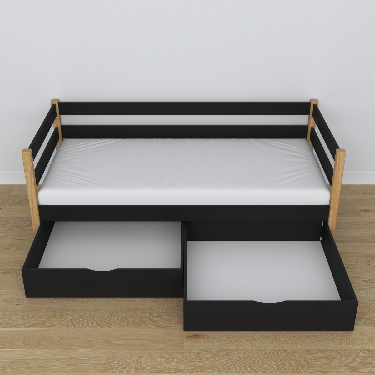 Bettsofa aus Holz Schwarz-Eiche – Schrägansicht, scandi