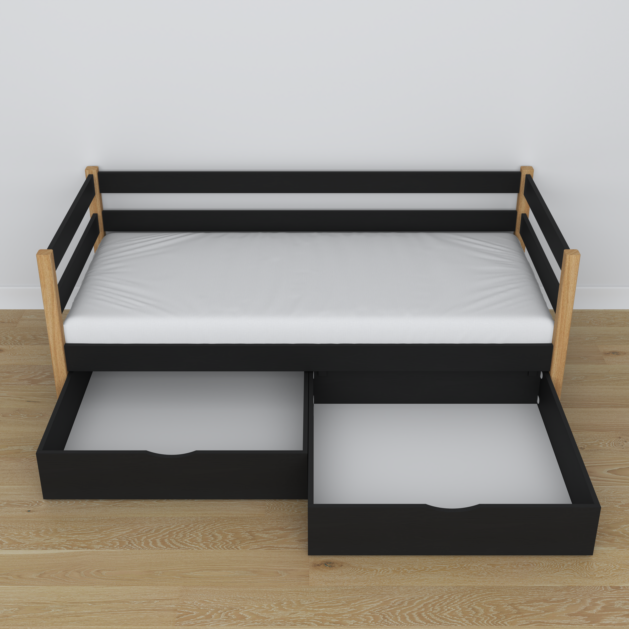 Bettsofa aus Holz Schwarz-Eiche – Schrägansicht, scandi
