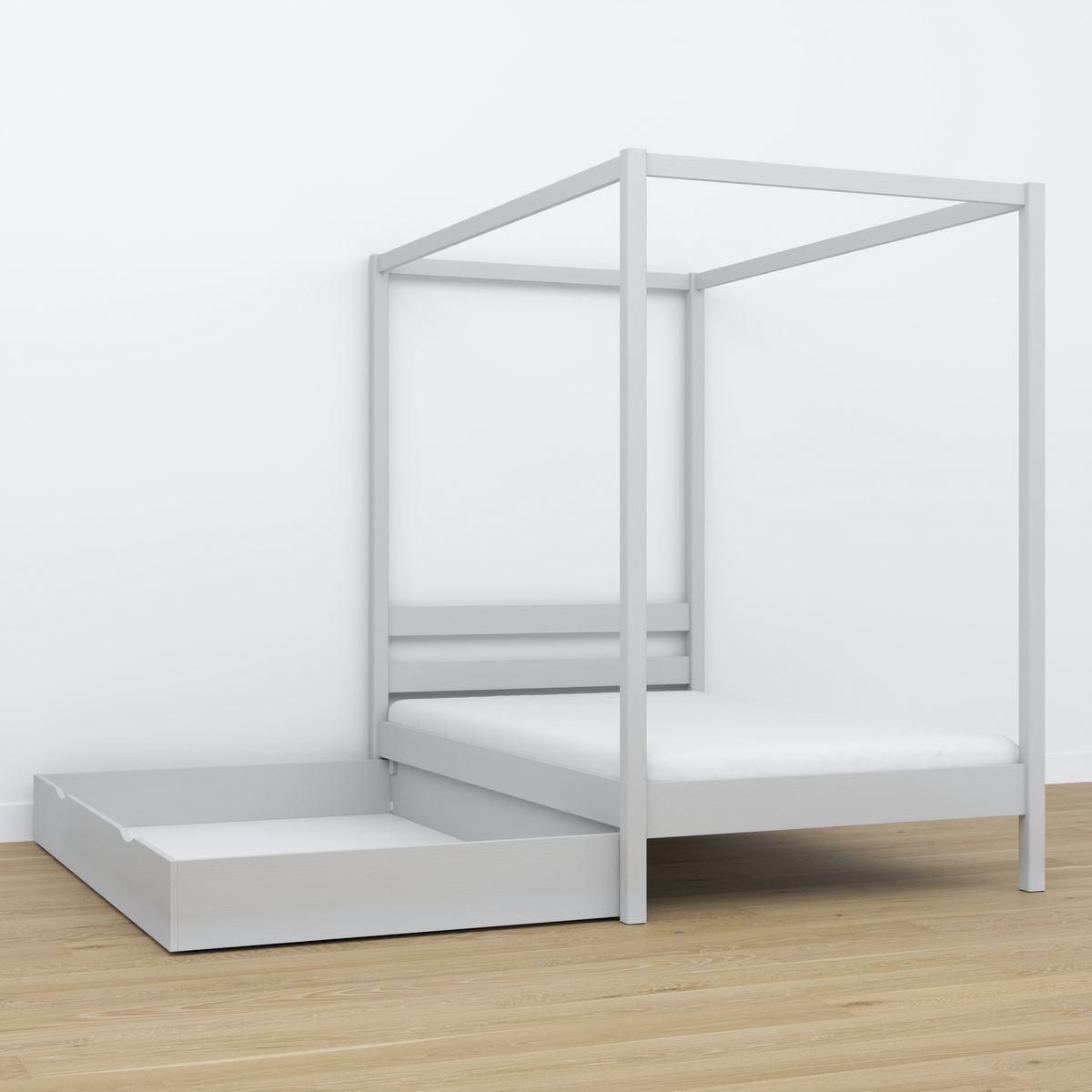 Lit à baldaquin en bois gris dans la chambre d'enfant – décoration scandinave