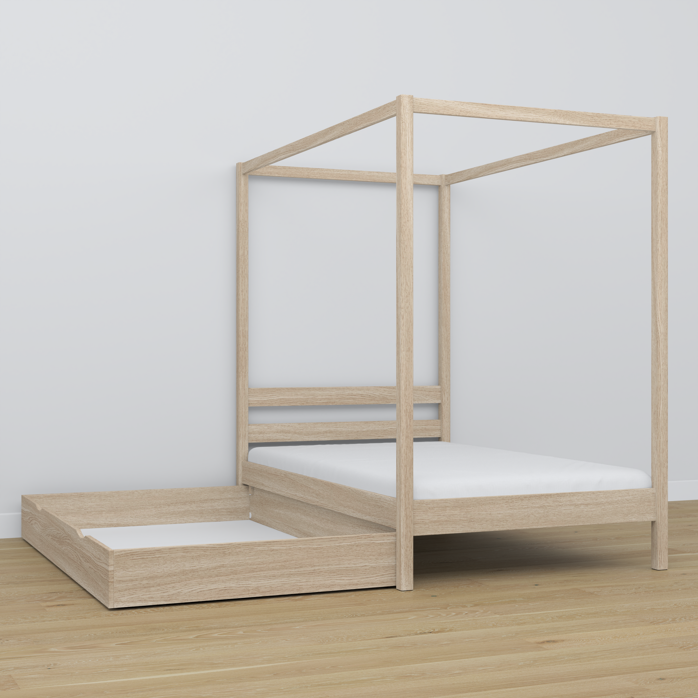 Oak canopy bed bleached oak in a child’s room – scandi arrangement