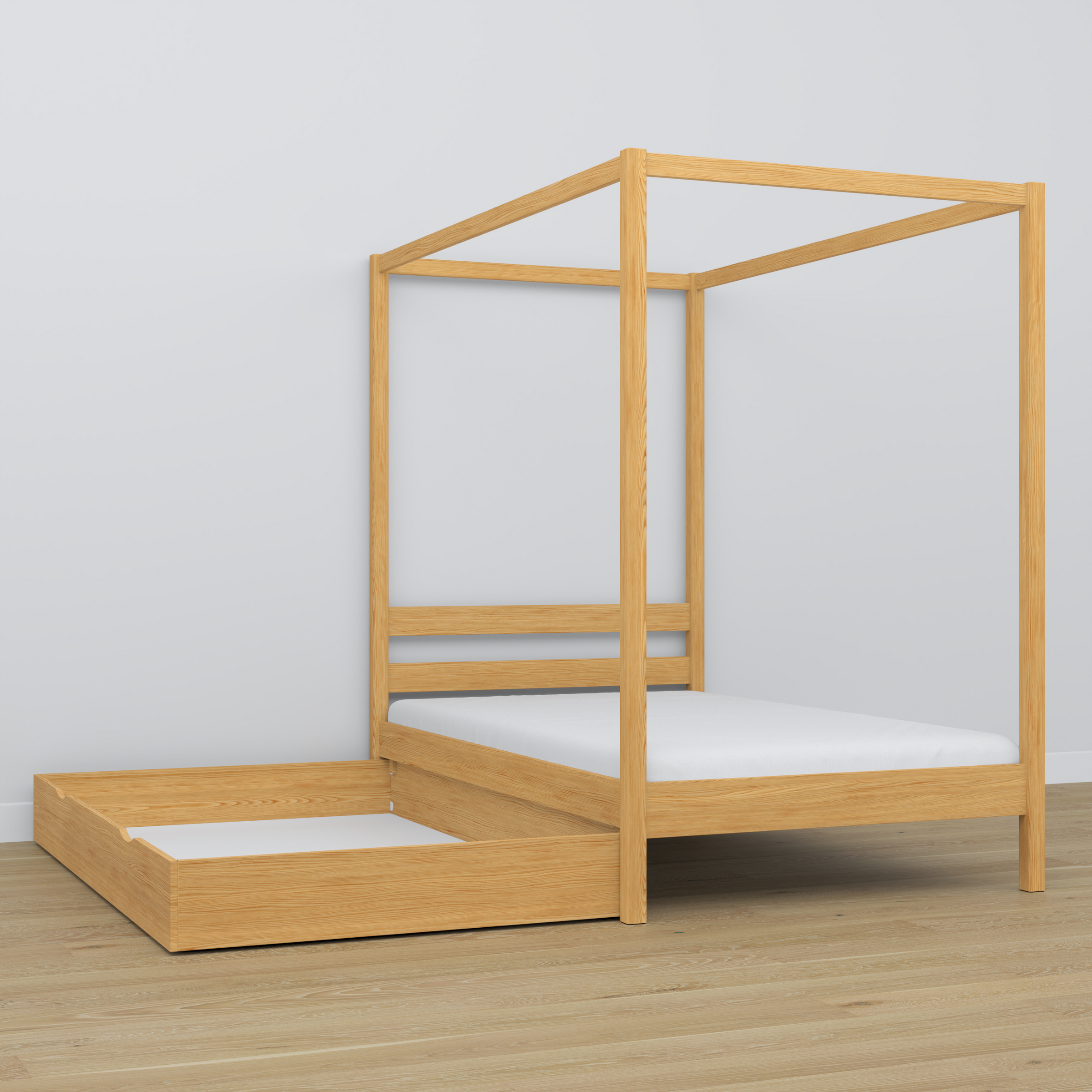 Wooden natural pine canopy bed in a child’s room – scandi arrangement