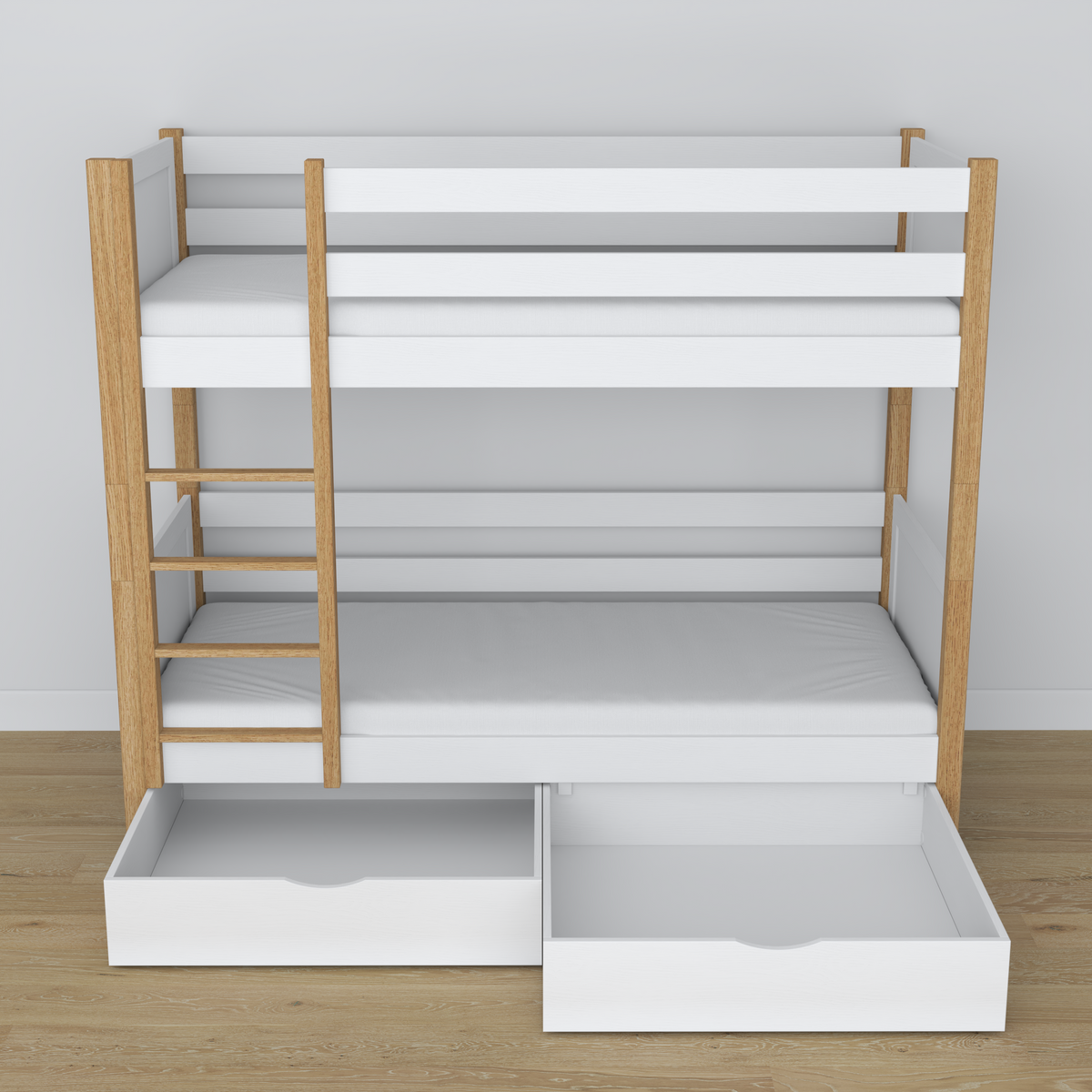 Etagenbett Weiß-Eiche – Holzlattenrost mit Latten, Seitenansicht