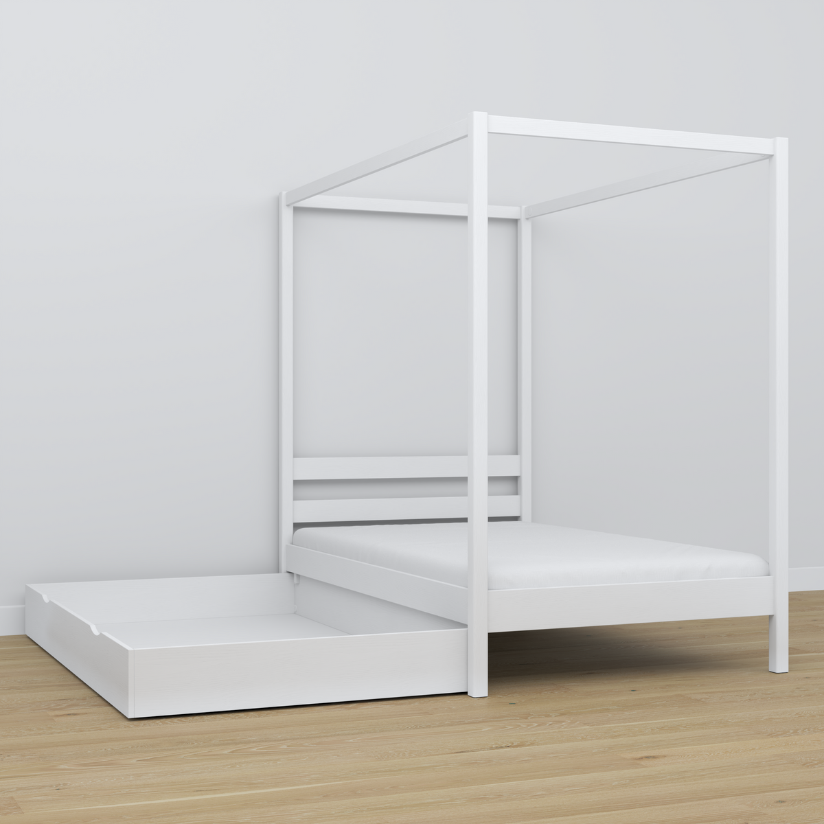 Lit blanc avec baldaquin – détails en bois i assemblages, Nizio Home