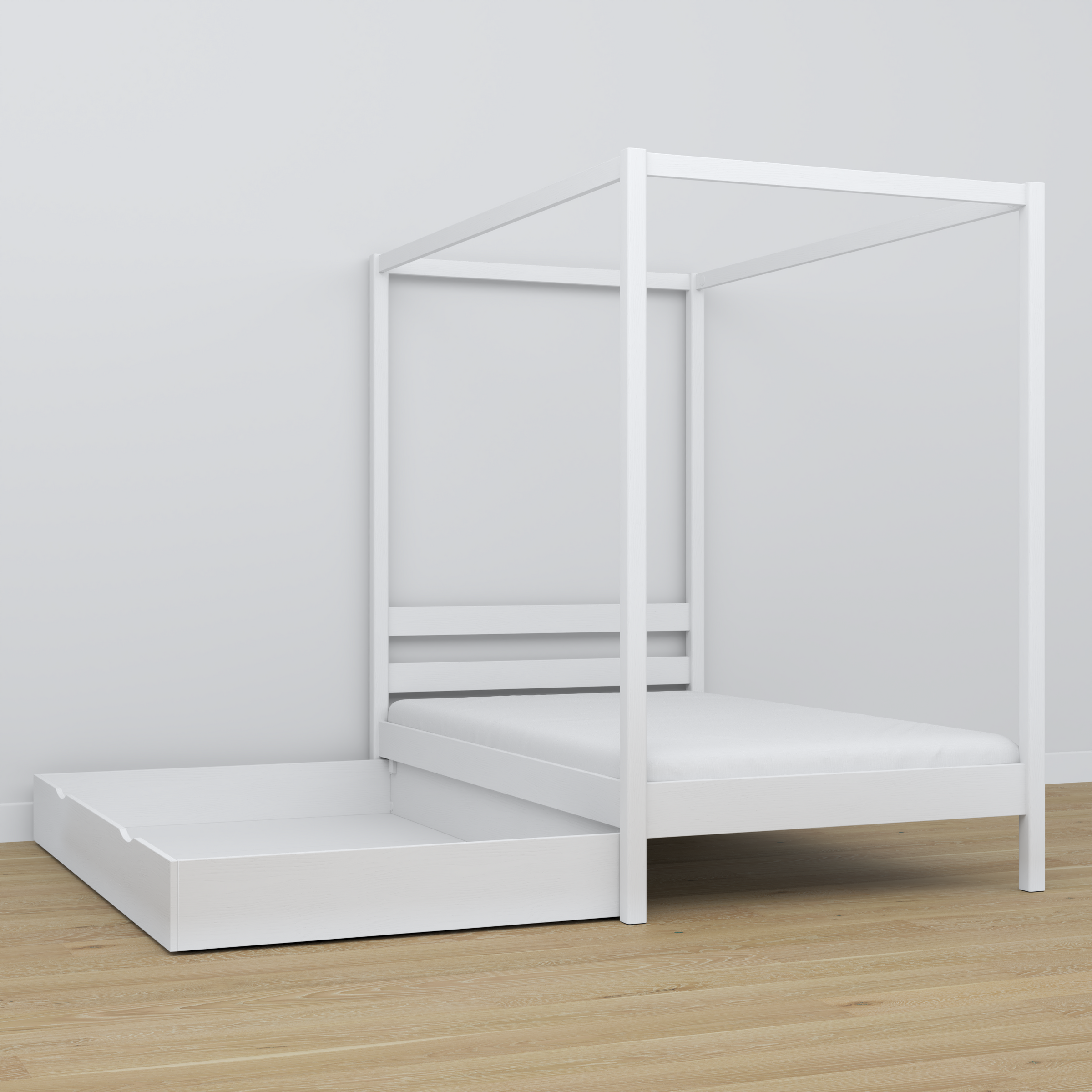 Lit blanc avec baldaquin – détails en bois i assemblages, Nizio Home