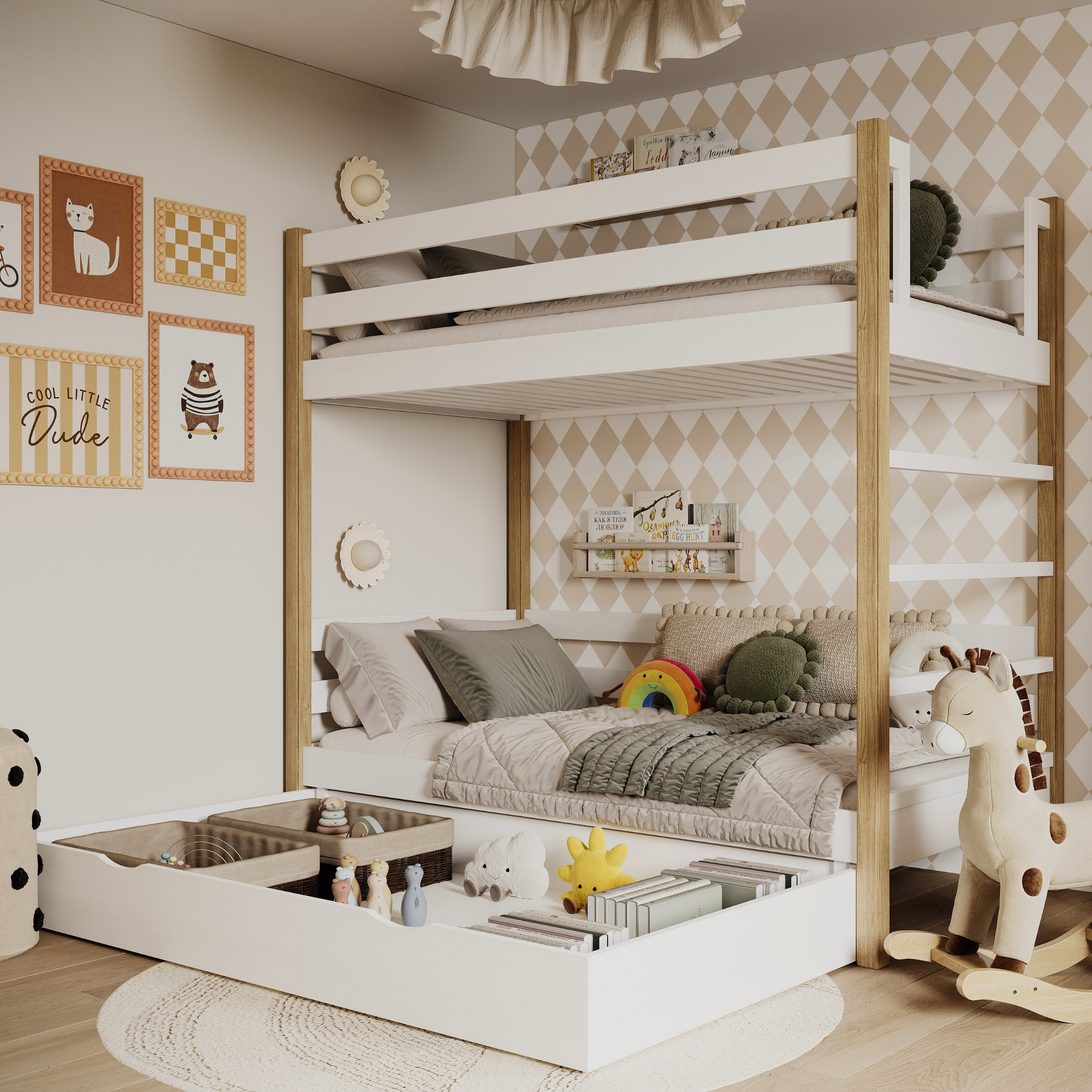 White and Oak Bunk Bed with Drawer – Wooden Safety Rail and Ladder, Nizio
