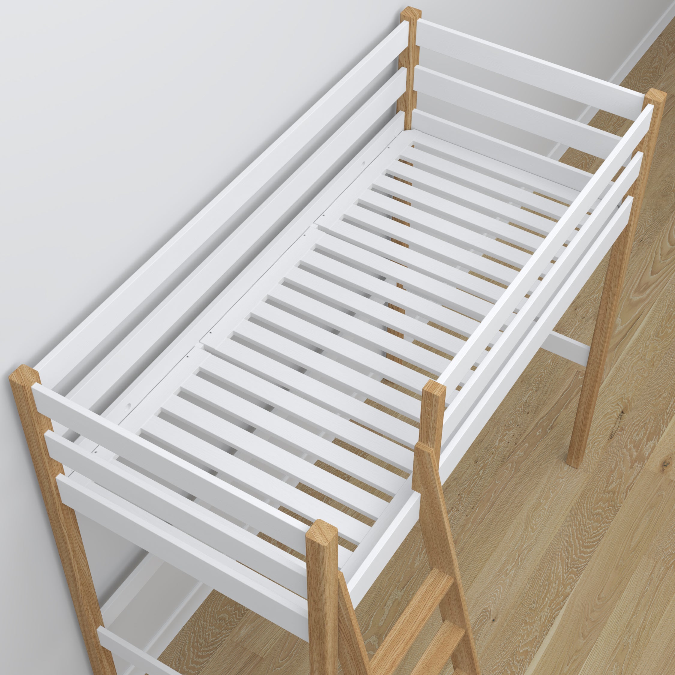 White and Oak Wooden Loft Bed with Desk – Ladder and Joint Details