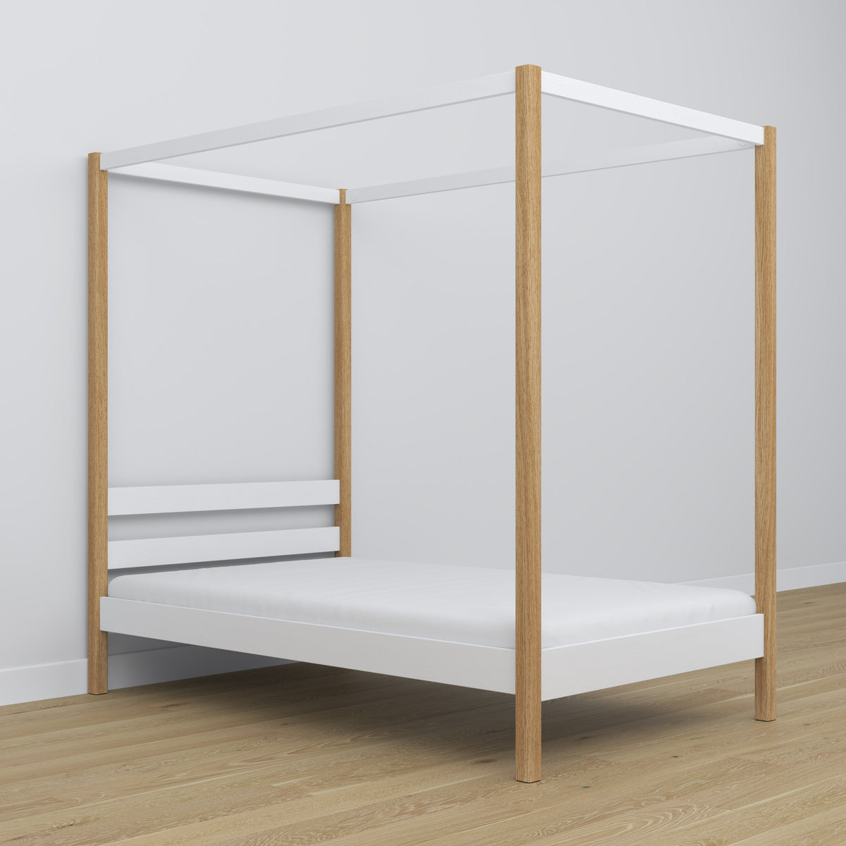 Lit blanc-chêne avec baldaquin – cadre décoratif en bois, sécurisé pour les enfants