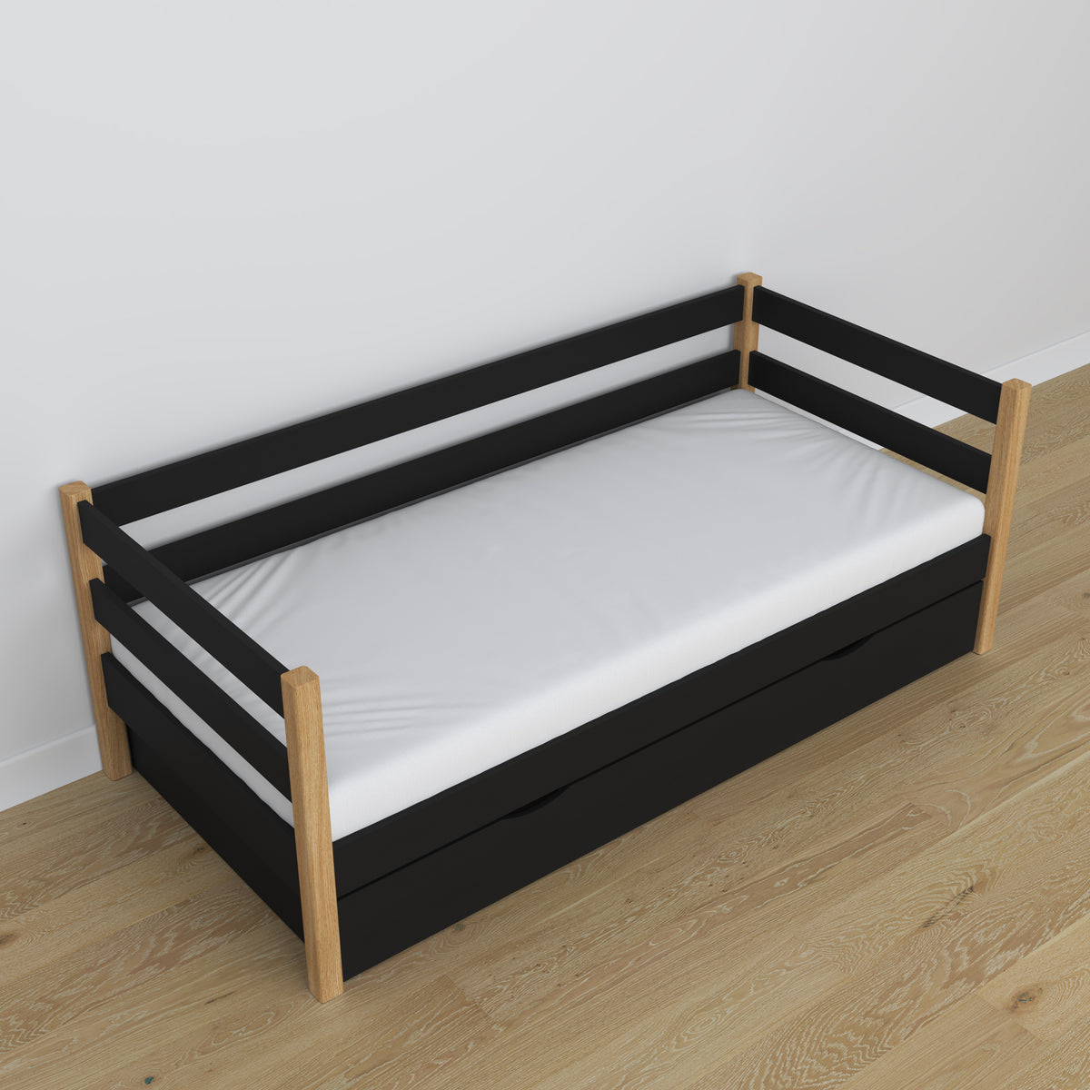 Sofa-Bett schwarz-Eiche – Holzdetails und Verbindungen, Nizio Home