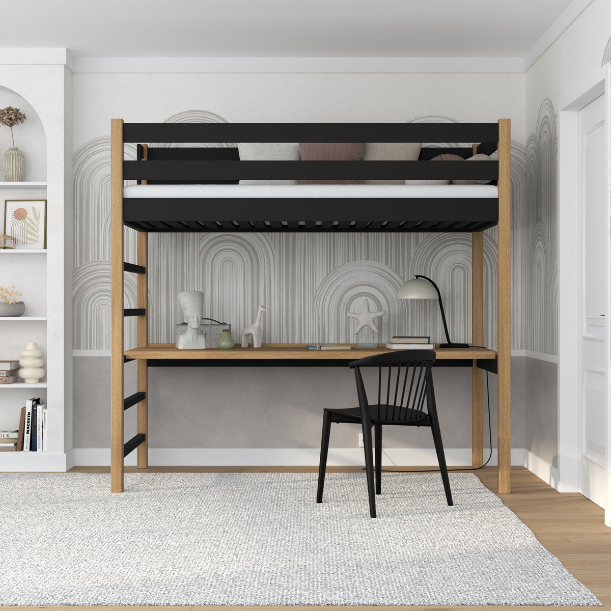 Hochbett schwarz-eiche mit Schreibtisch – Lernen unter dem Schlafbereich, aus Holz