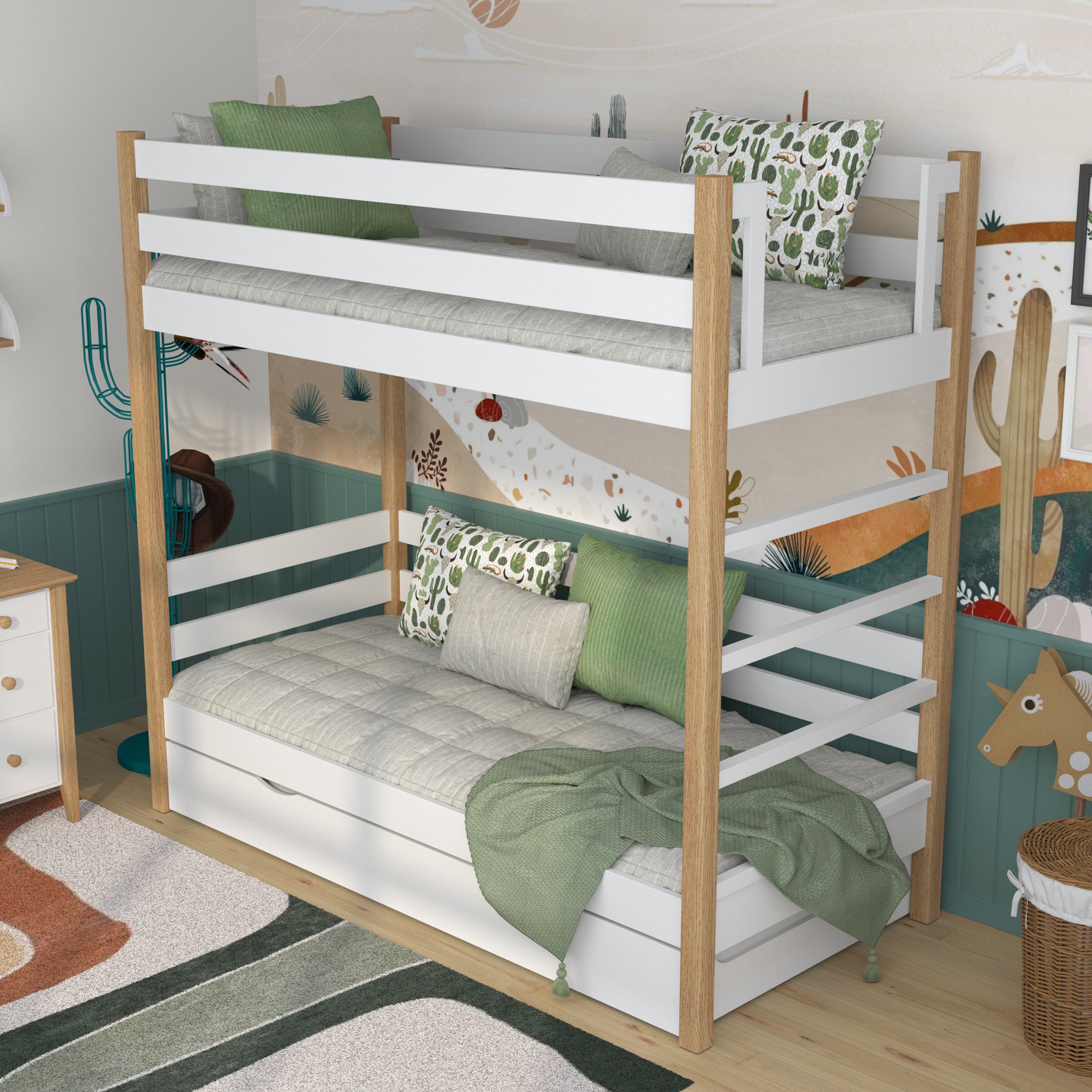 White and Oak Wooden Bunk Bed with Mattress Drawer – Room Arrangement