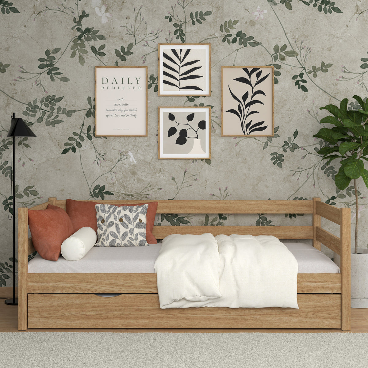 Sofa-lit chêne naturel – barrière latérale en chêne, vue de côté, Nizio