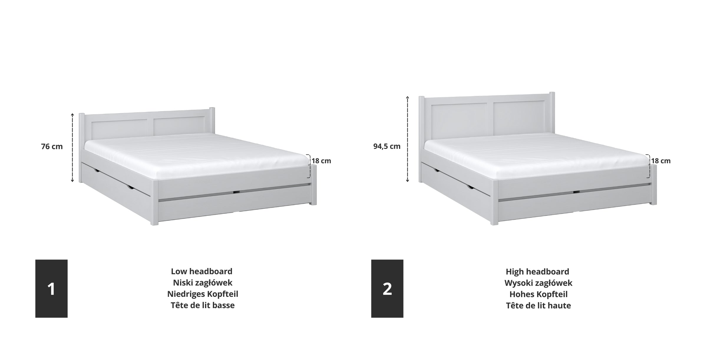 Doppelbett Holz Grau – Verbindungs- und Schubladendetails, Nizio