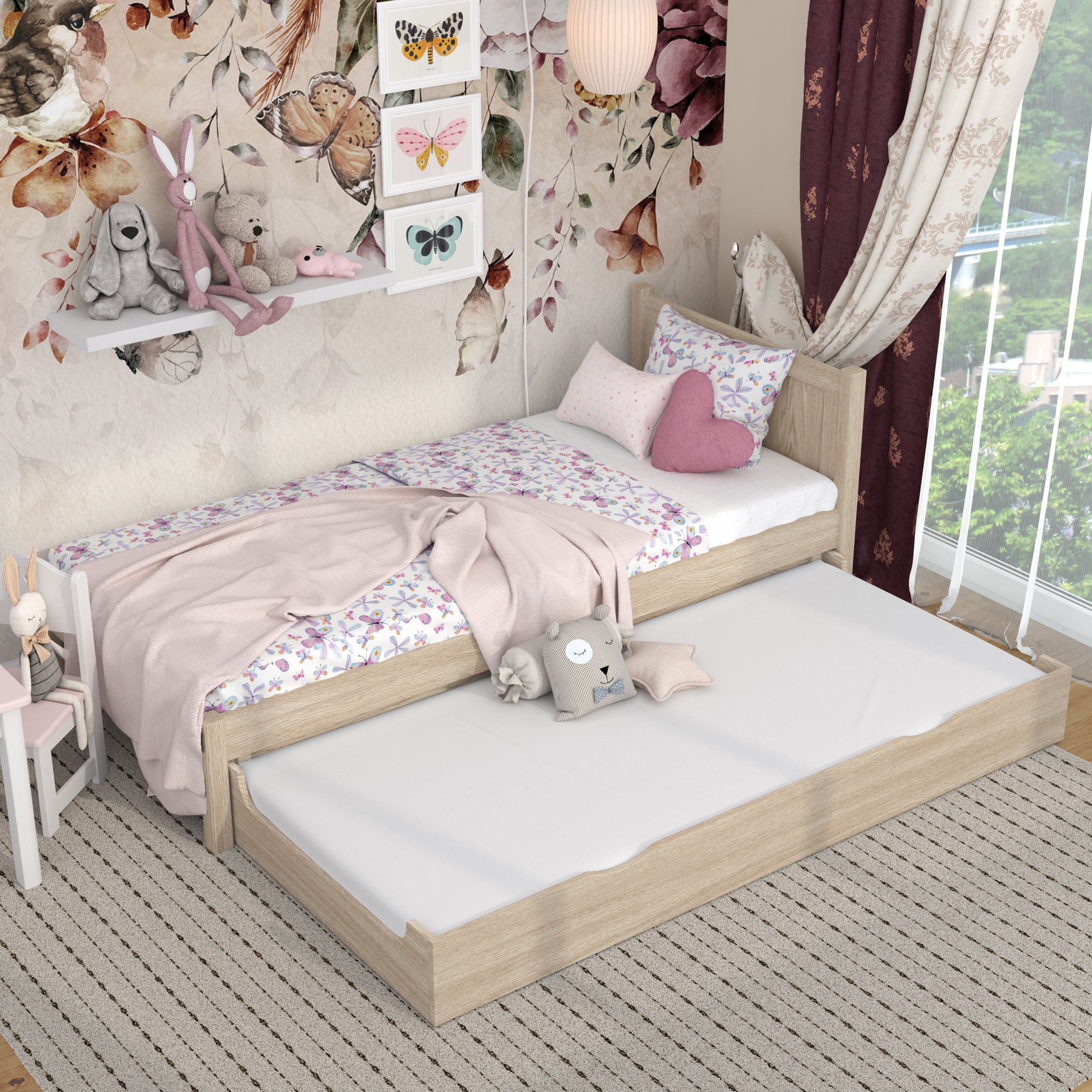 Oak bed with mattress drawer bleached oak – extended drawer, guest