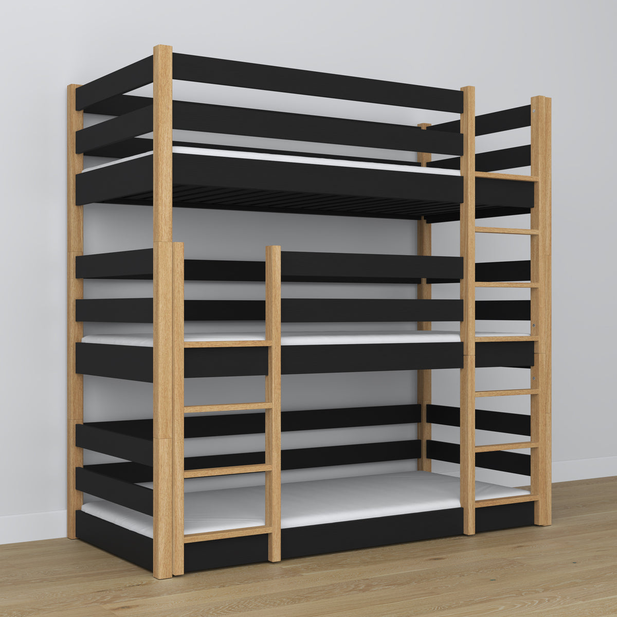 Lit superposé 3 niveaux en bois noir avec chêne – utilisation maximale de l'espace