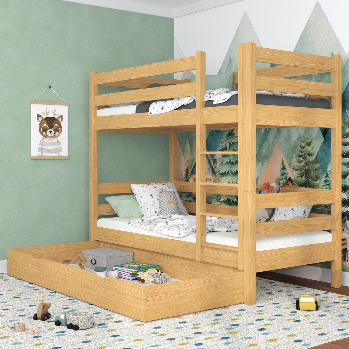 Natural Pine Wooden Bunk Bed – Open Drawer, Spacious Storage Under the Bed