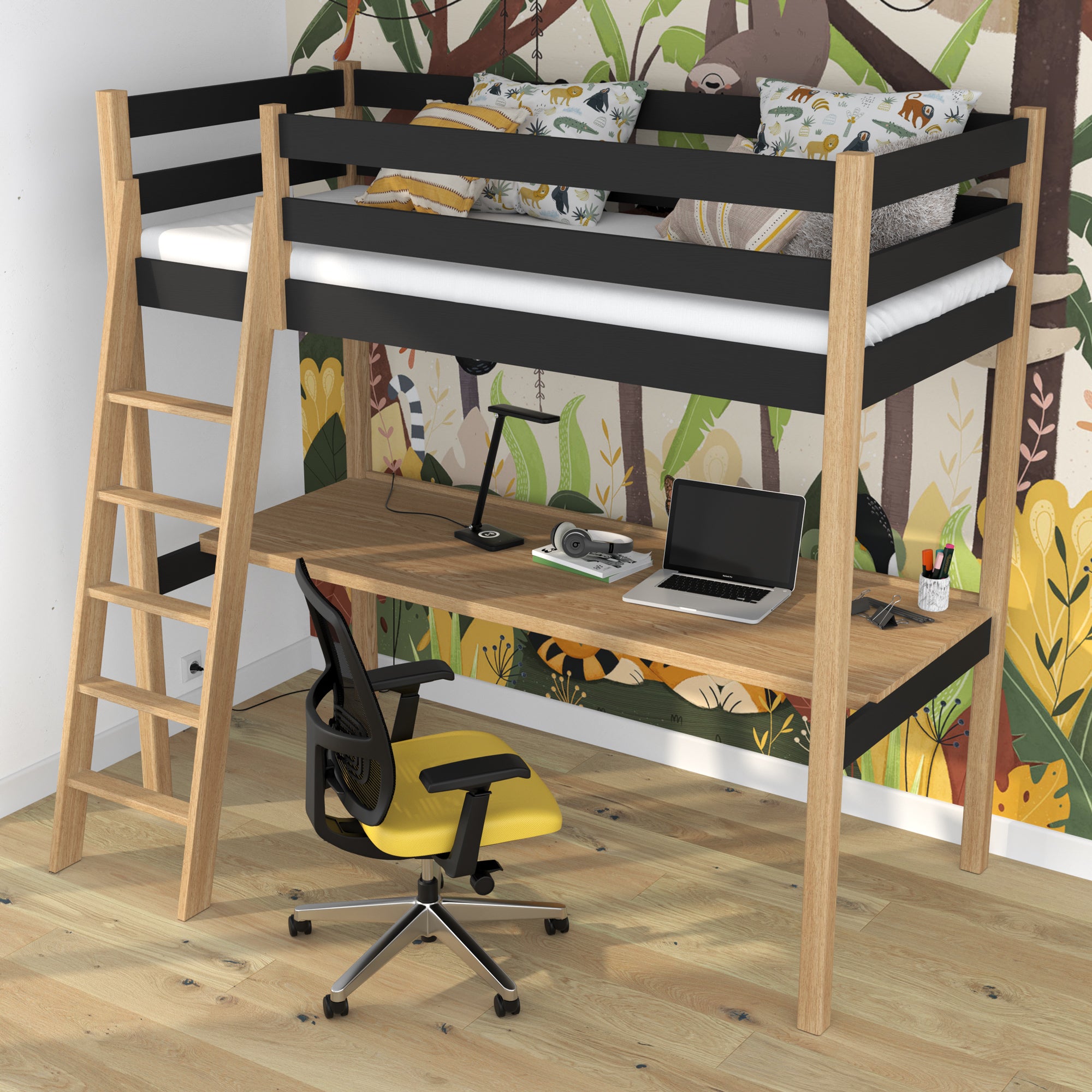 Hochbett schwarz-eiche – Holzschreibtisch unter dem Schlafbereich, Kinderzimmer scandi