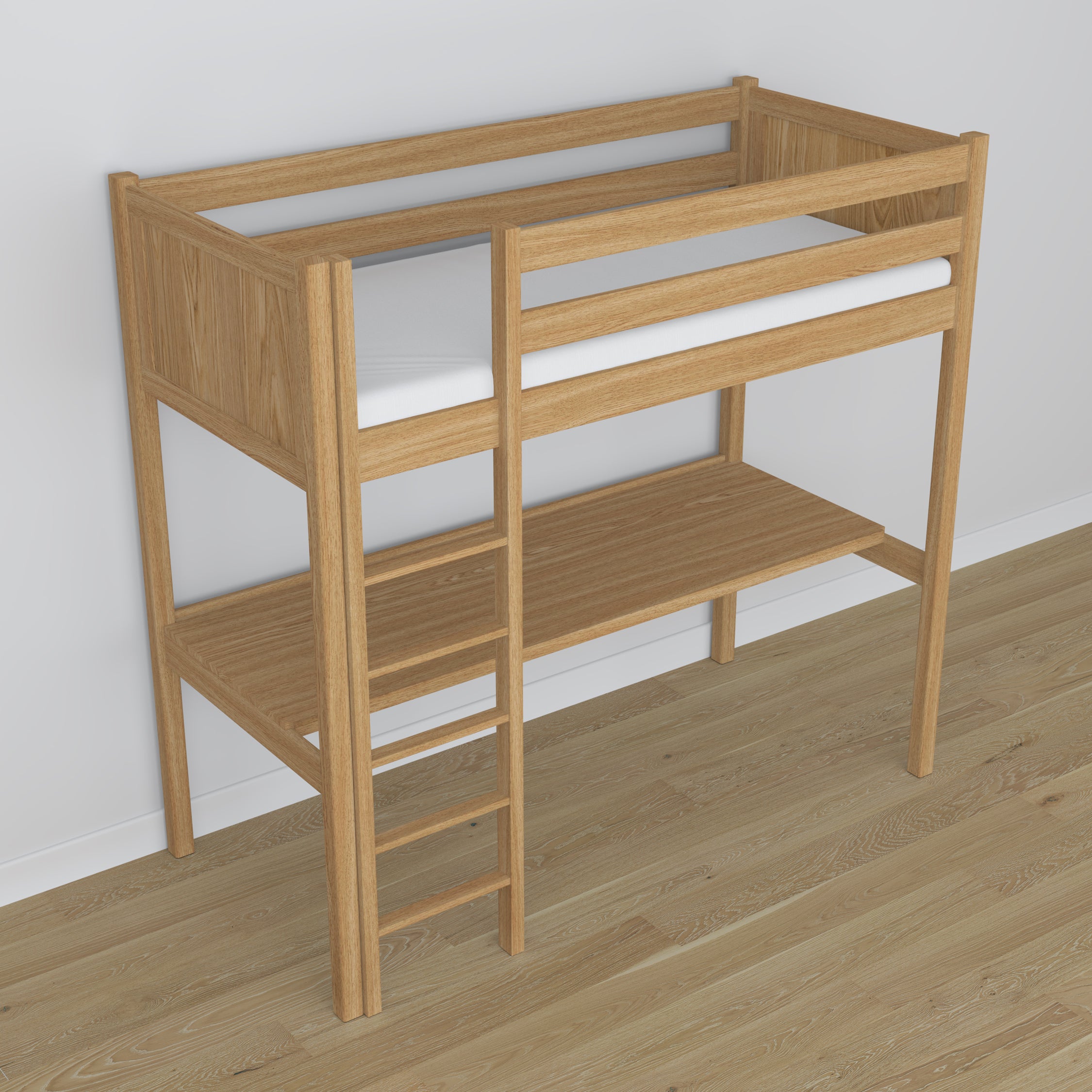 Loft bed natural oak oak – top view of the sleeping area, Nizio