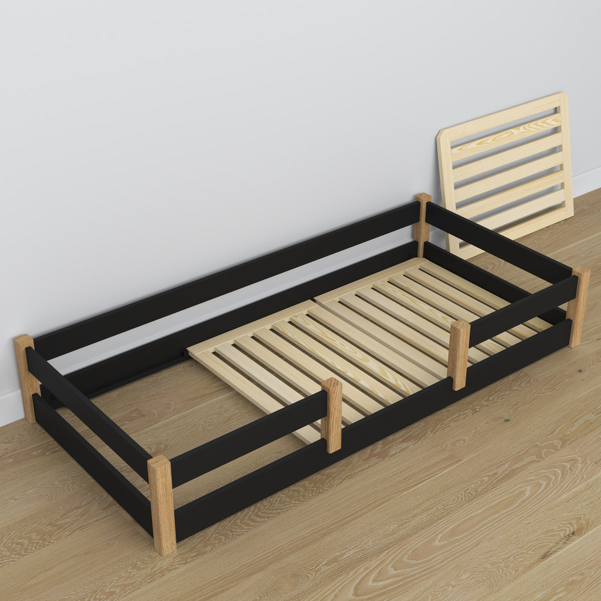 Niedriges Bett Schwarz-Eiche aus Holz – Maße und Schema, Nizio