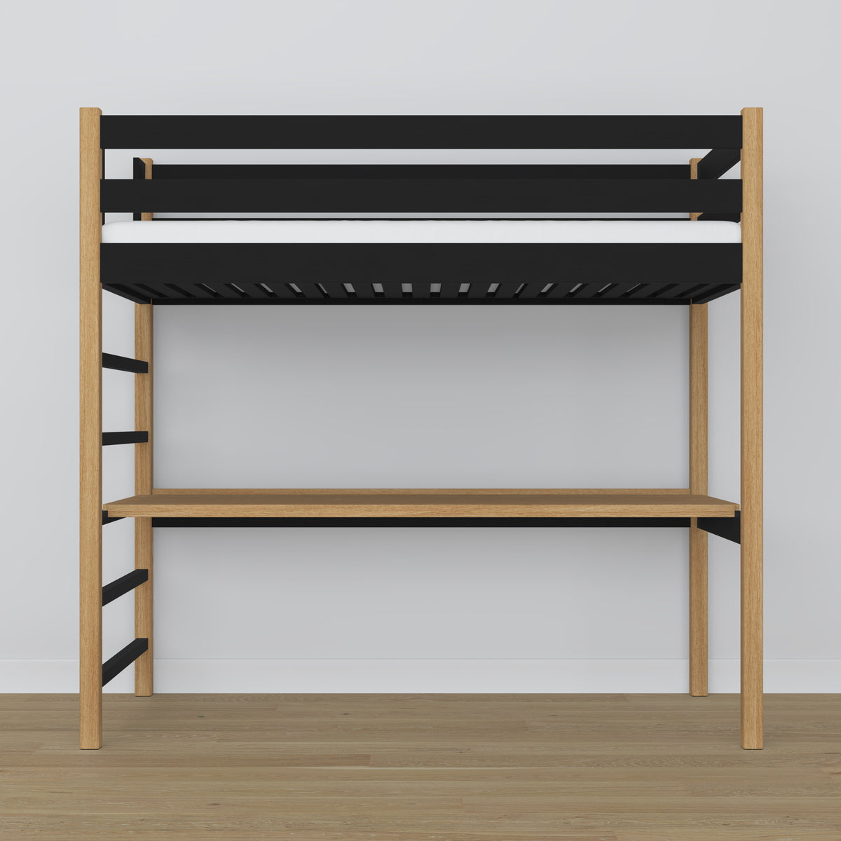 Hochbett aus Holz schwarz-eiche mit Schreibtisch – Rahmen und Latten, Nizio