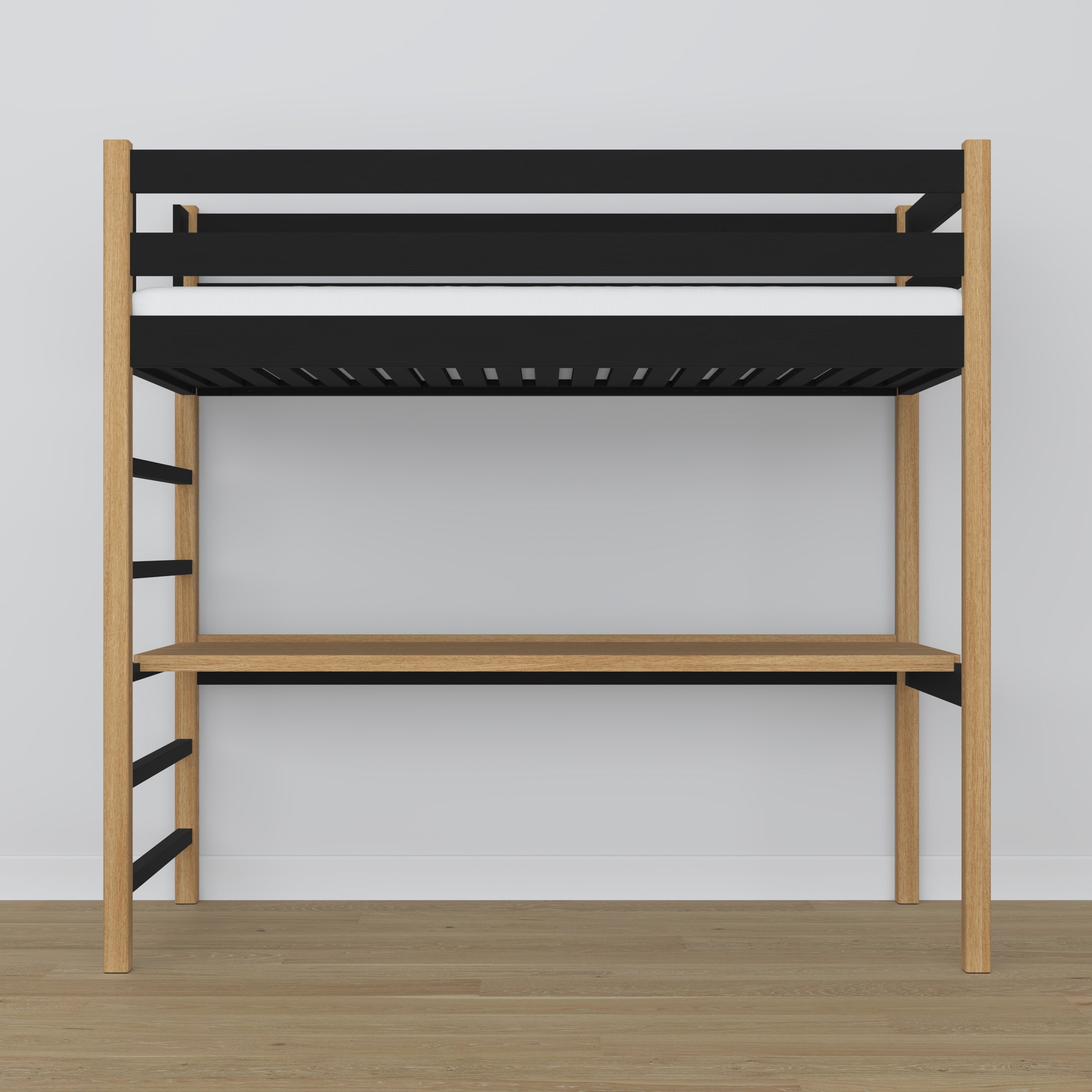 Hochbett aus Holz schwarz-eiche mit Schreibtisch – Rahmen und Latten, Nizio