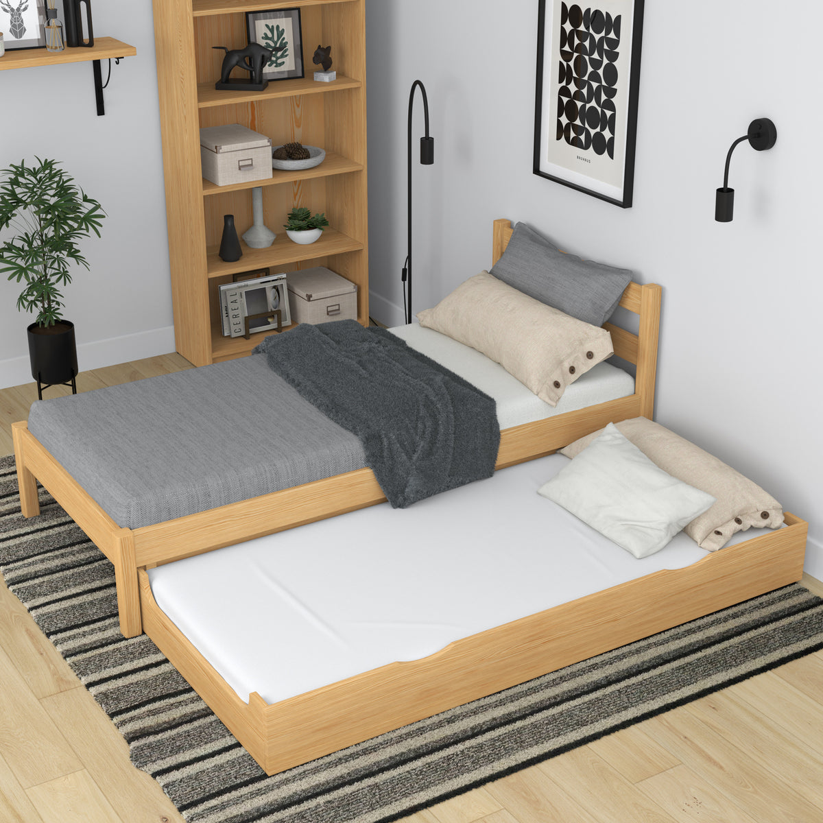 Lit avec tiroir pour matelas en bois pin naturel – tiroir sorti, invité