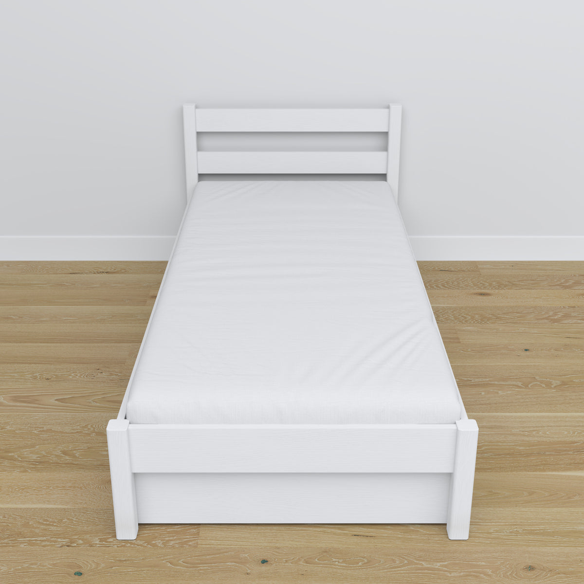 Lit blanc z tiroir – prowadnice i détails en bois, Nizio