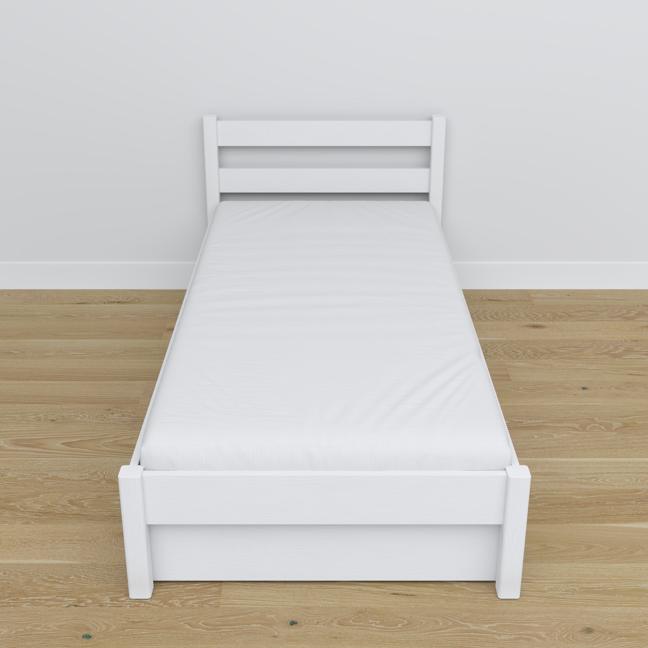 Lit blanc z tiroir – prowadnice i détails en bois, Nizio