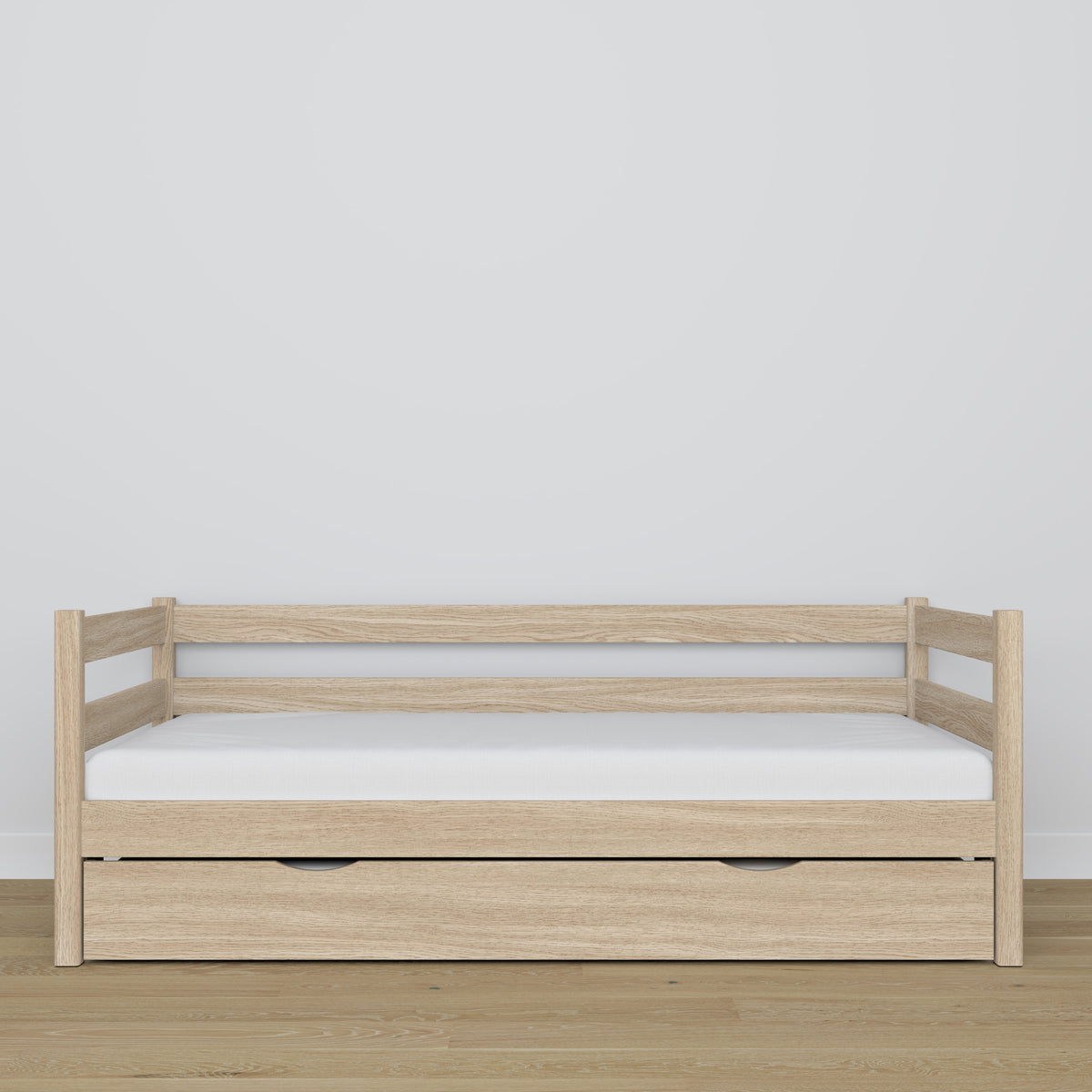Sofabett mit Schublade für Matratze gebleichte Eiche aus Eichenholz – Maße, Nizio