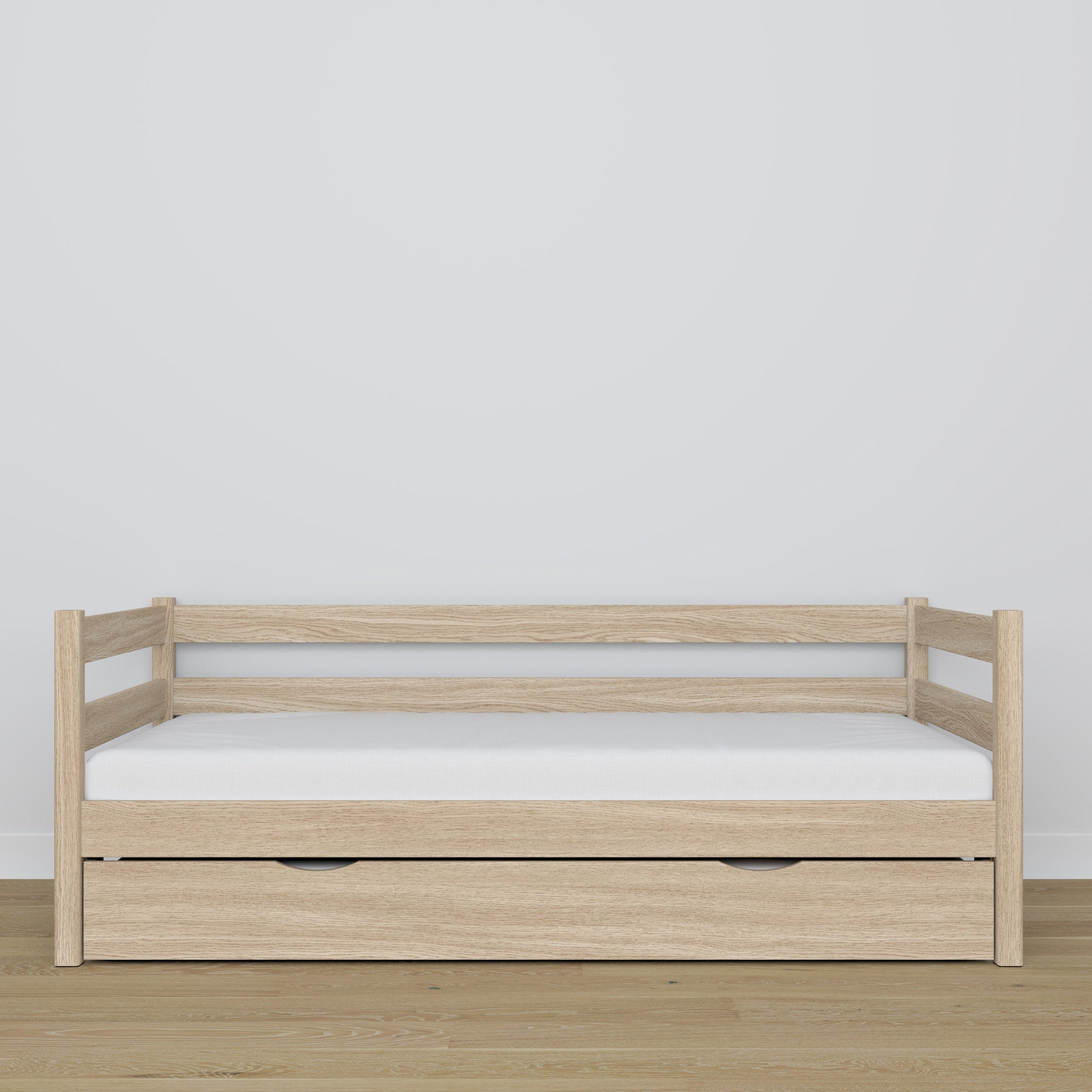 Sofabett mit Schublade für Matratze gebleichte Eiche aus Eichenholz – Maße, Nizio
