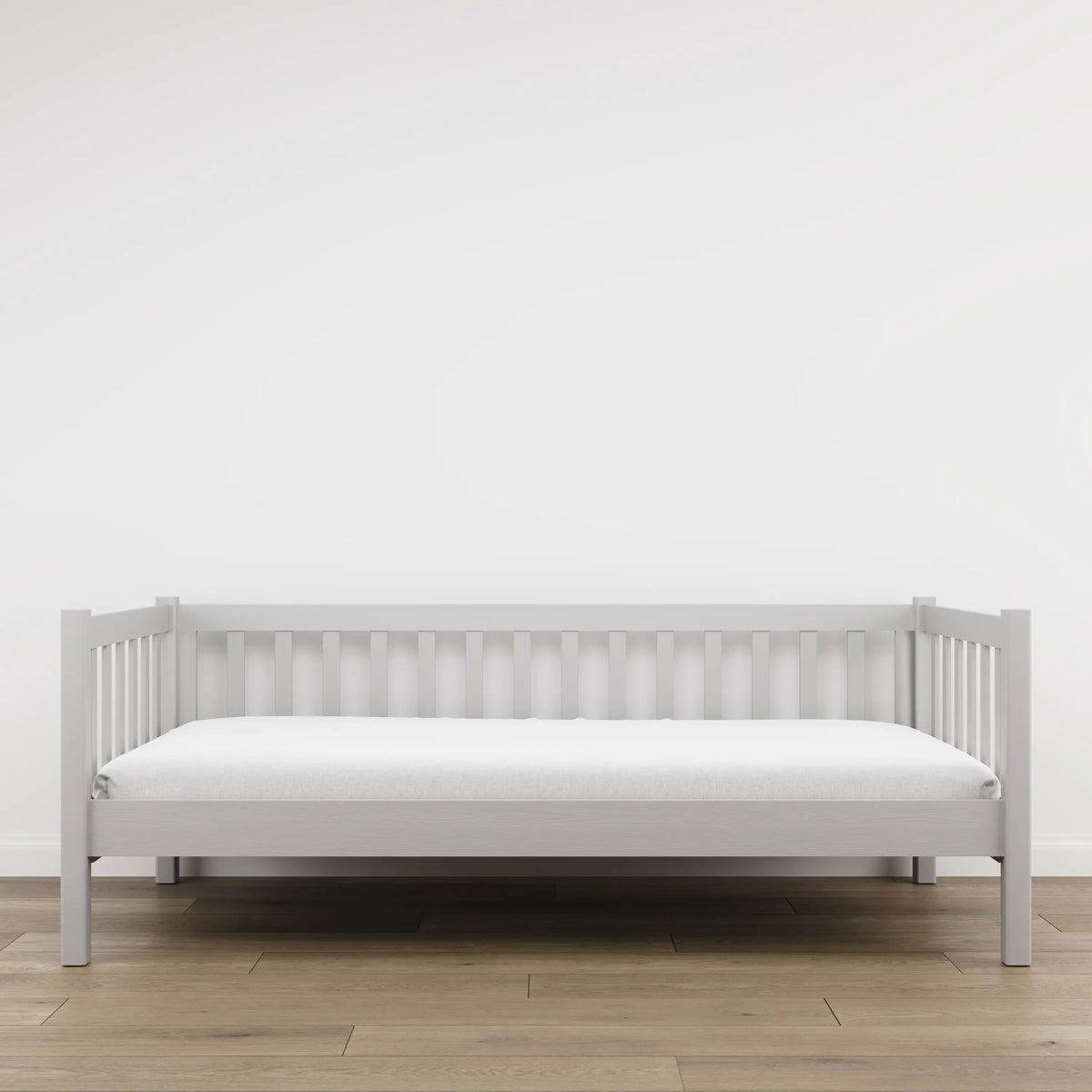 Bettsofa aus Holz Grau – Seitenansicht, Form und Proportionen des Möbelstücks