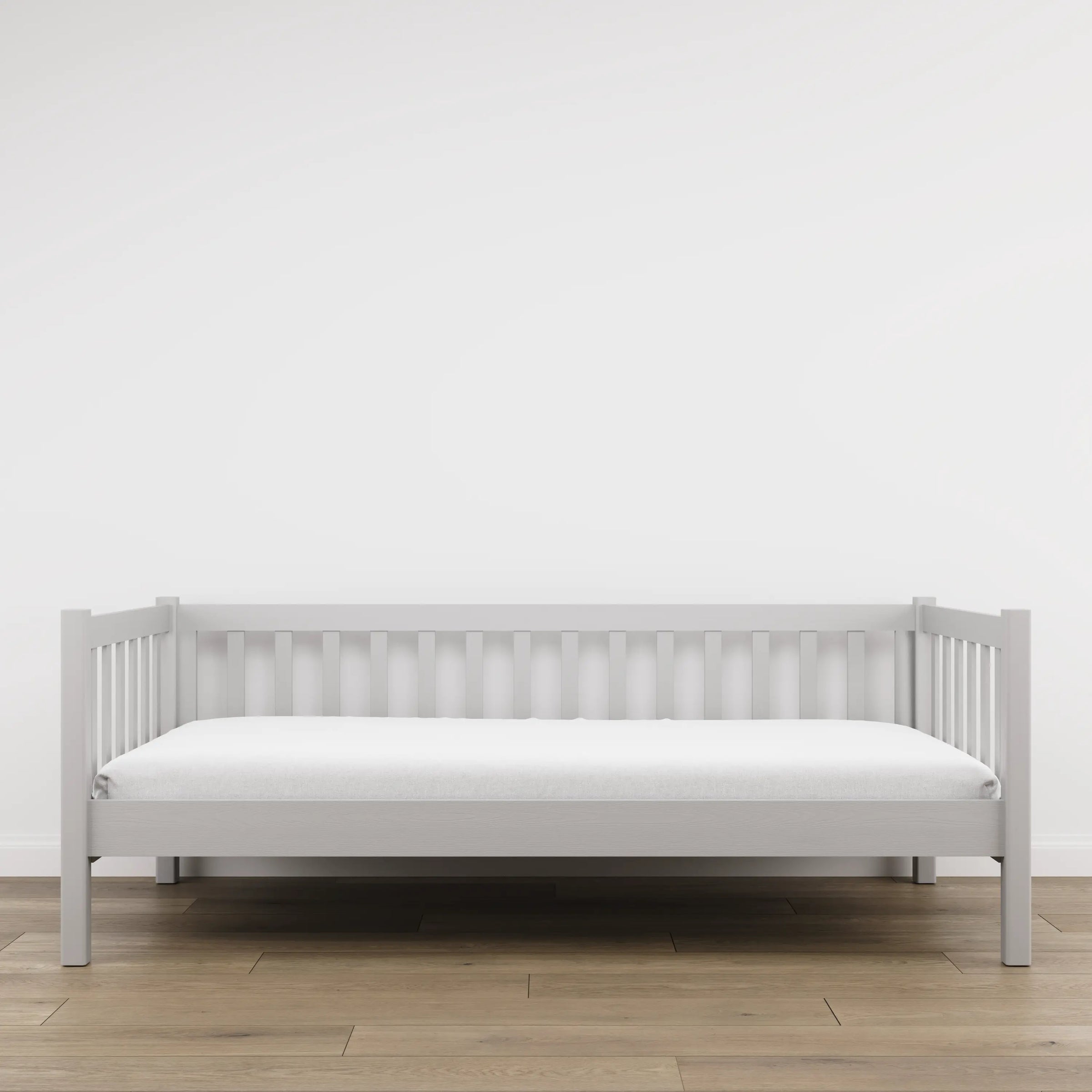 Bettsofa aus Holz Grau – Seitenansicht, Form und Proportionen des Möbelstücks