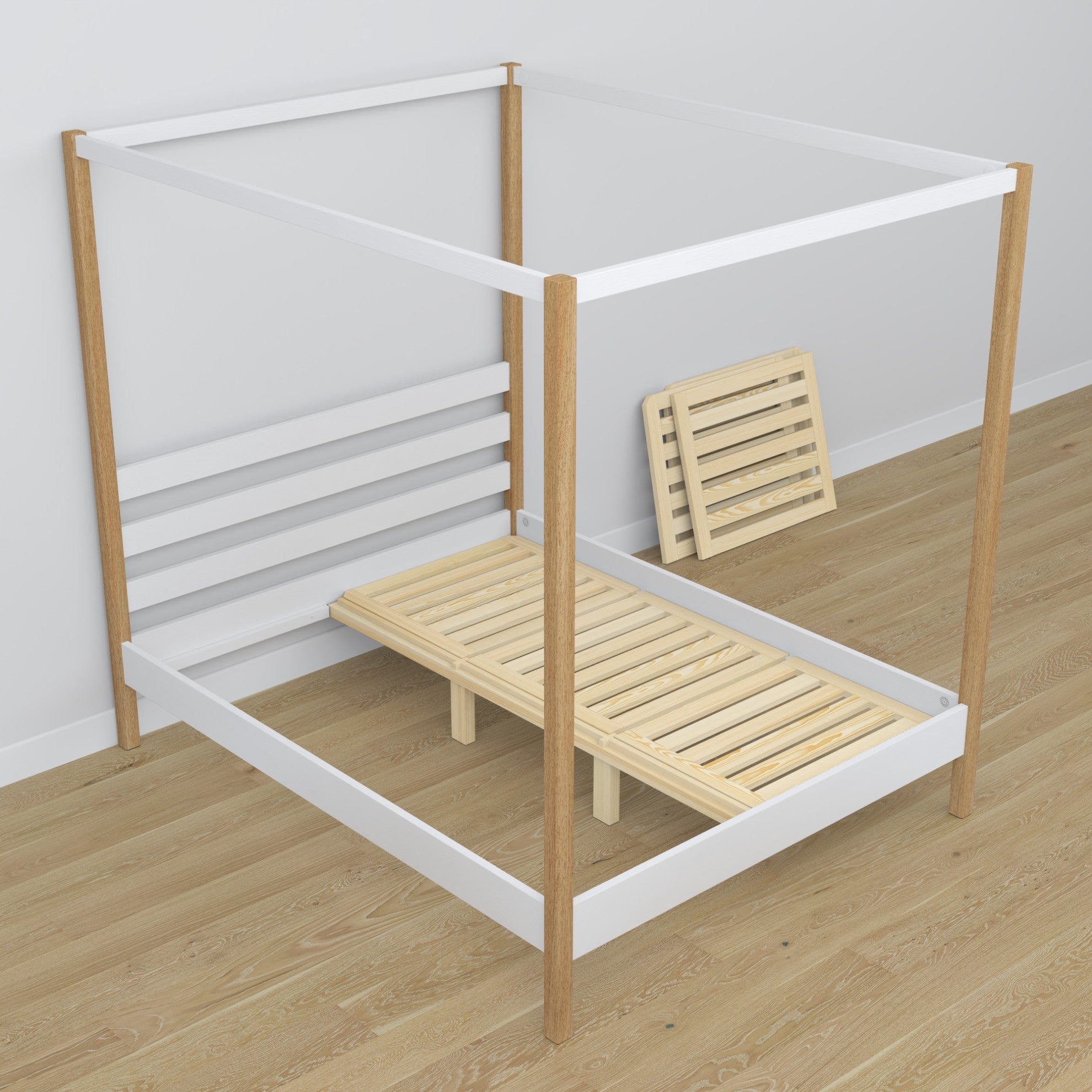 White-oak canopy bed made of wood – side view, scandi style