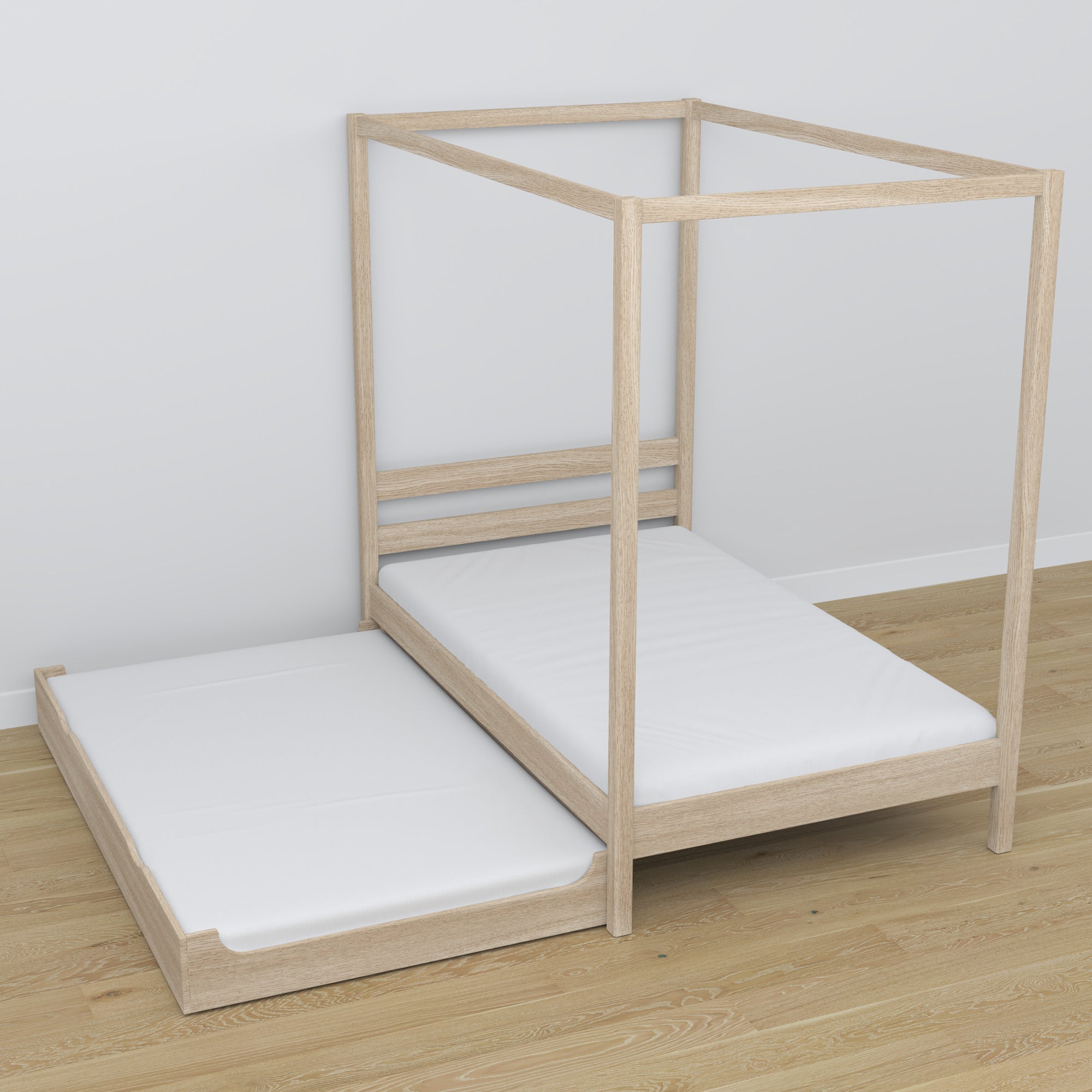Oak canopy bed bleached oak – extended drawer, guest sleeping space