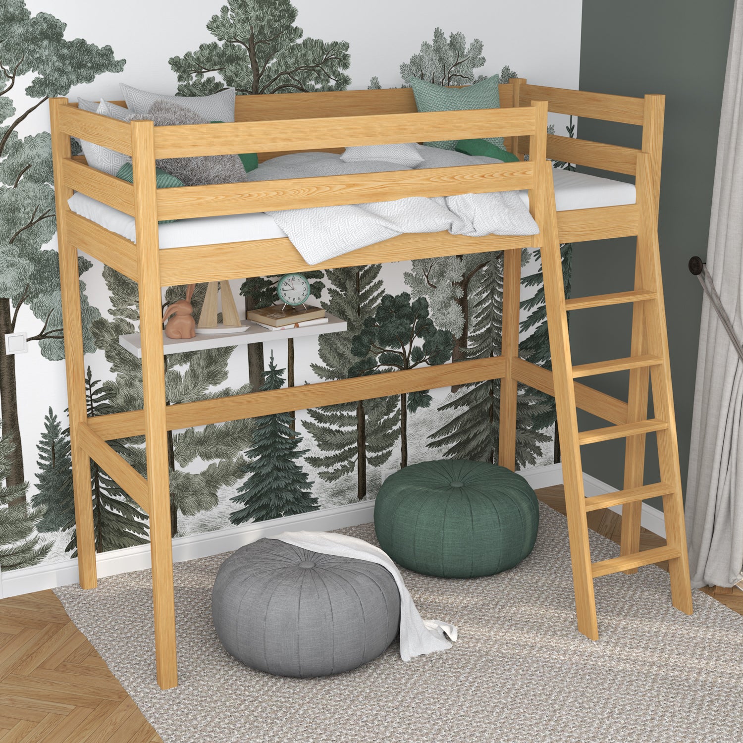 Loft bed natural pine in children’s room – scandi arrangement, wooden
