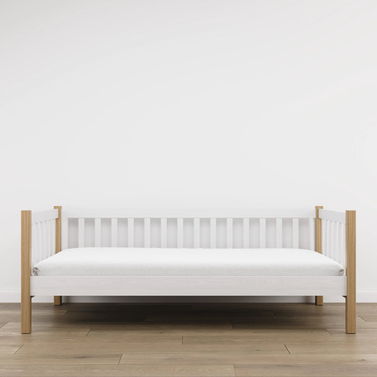 Bettsofa aus Holz Weiß mit Eiche – Seitenansicht, Form und Proportionen des Möbelstücks