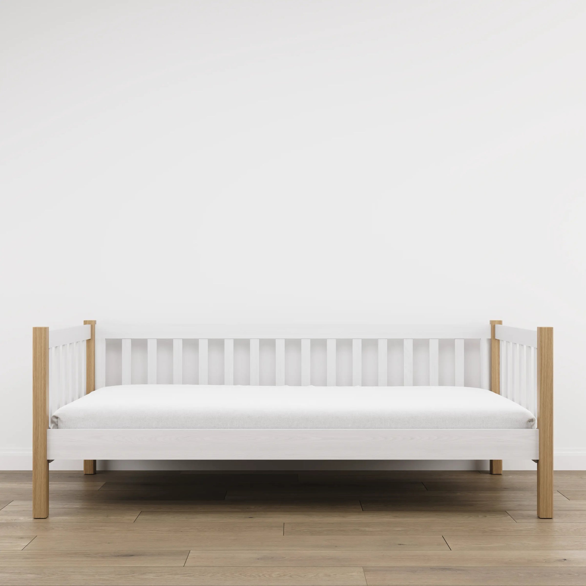 Bettsofa aus Holz Weiß mit Eiche – Seitenansicht, Form und Proportionen des Möbelstücks