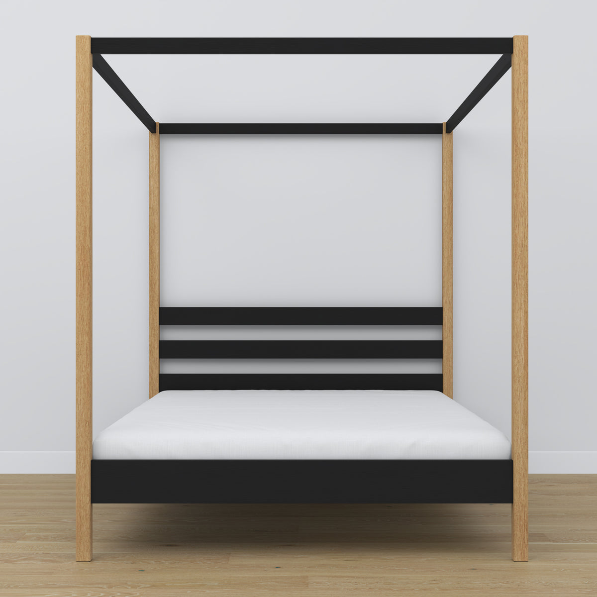 Wooden double bed with canopy black and oak – headboard and frame, close-up