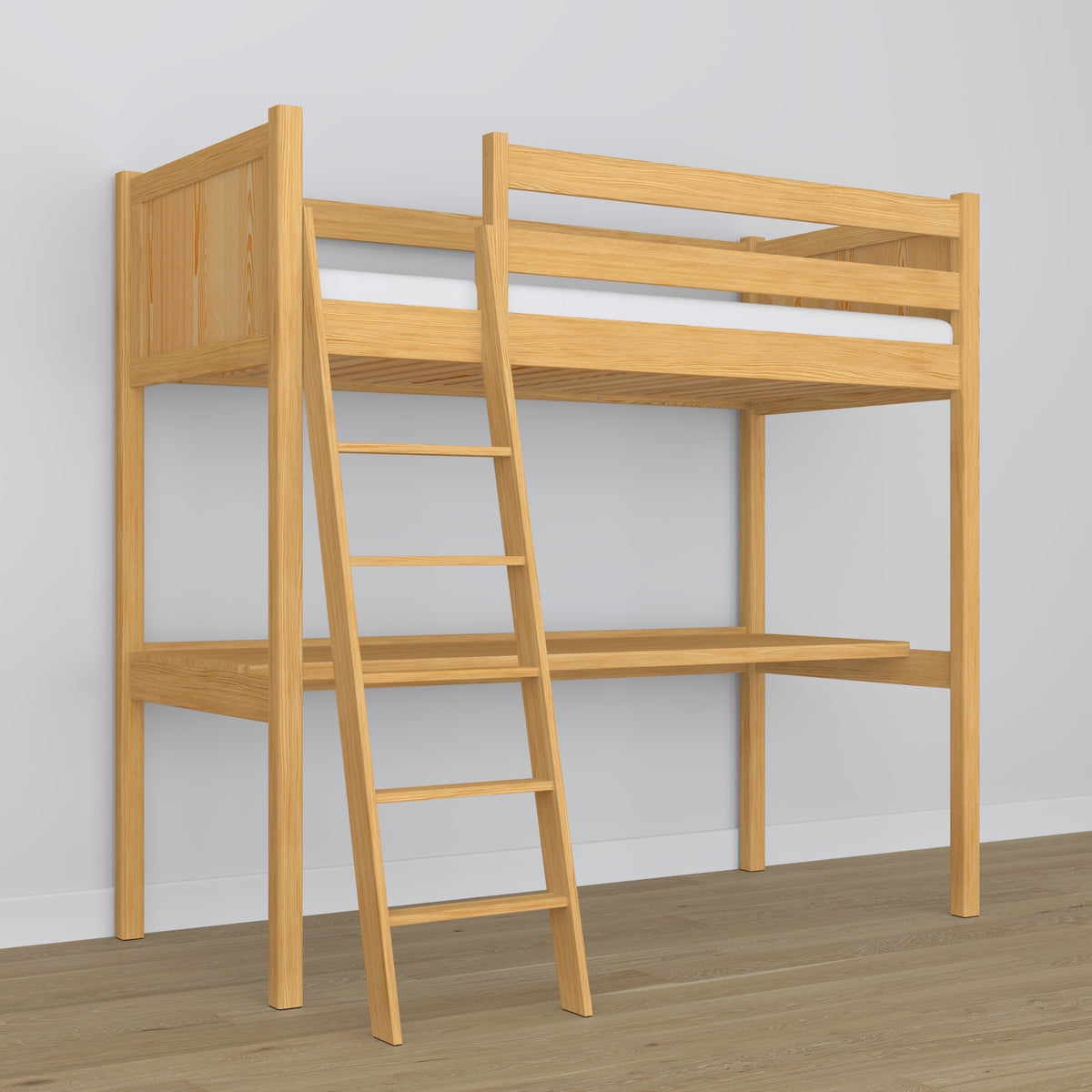 Natural Pine Wooden Loft Bed with Desk – Ladder and Safety Rail