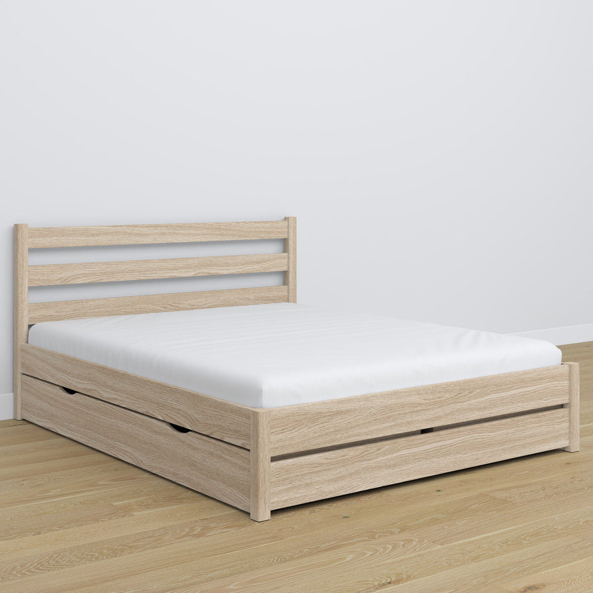 Doppelbett gebleichte Eiche mit Schublade – Eichenkopfteil, Nahaufnahme