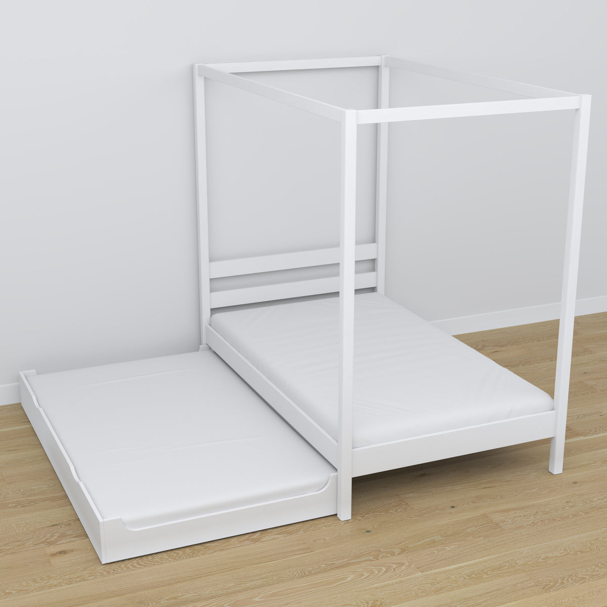 Lit blanc avec baldaquin – détails en bois, gros plan, Nizio Home