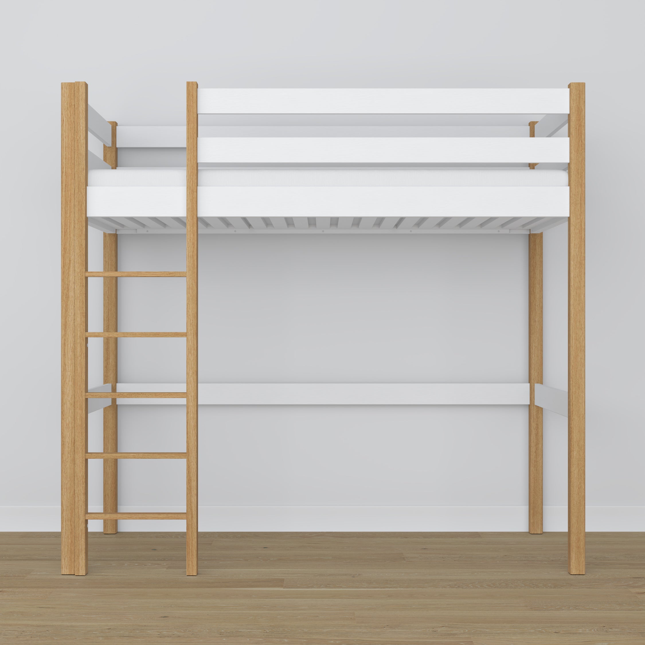 Hochbett weiß-Eiche – Leiter und Geländer aus Holz, Nizio Home
