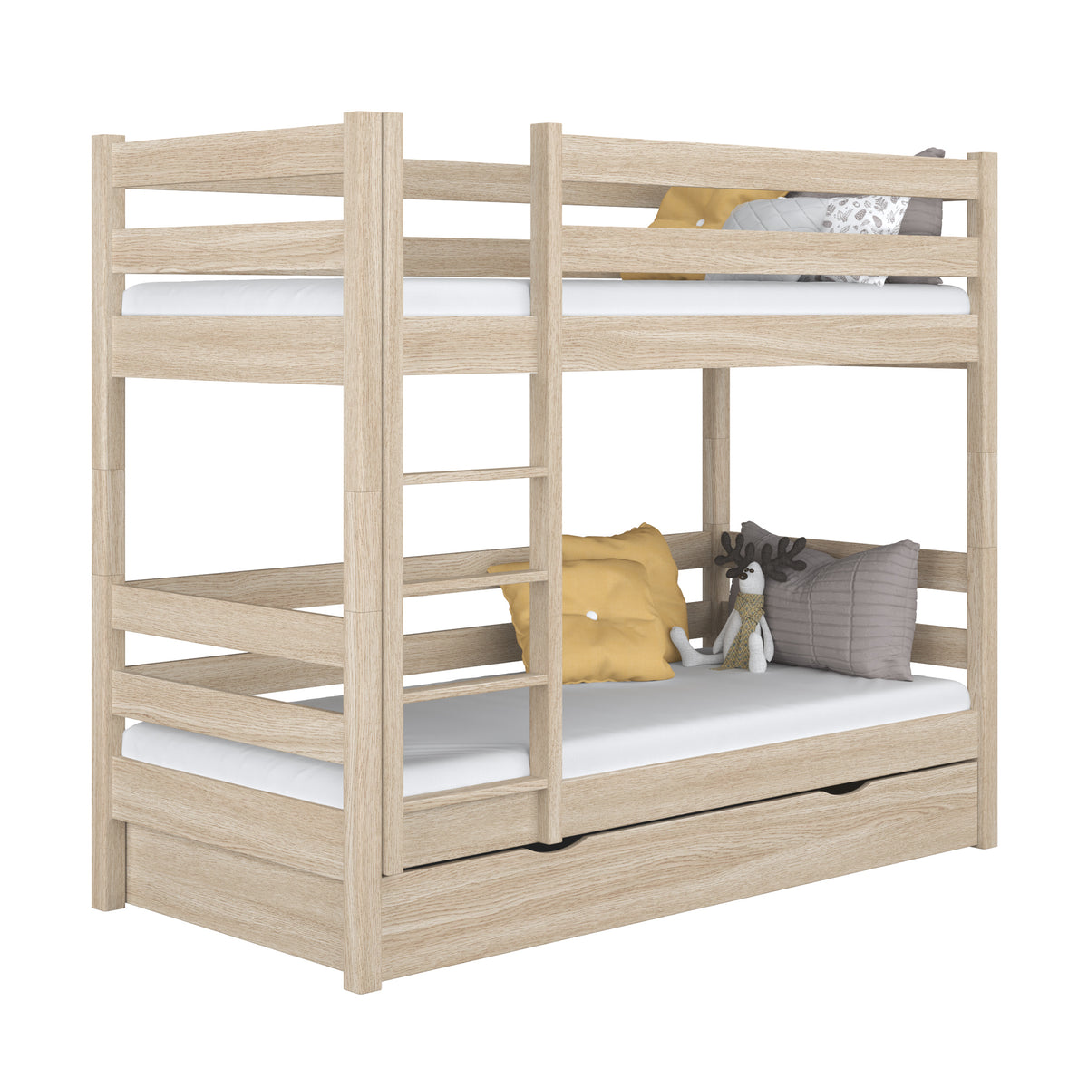 Bleached Oak Bunk Bed for Children – Two Sleeping Areas and Drawer, Oak