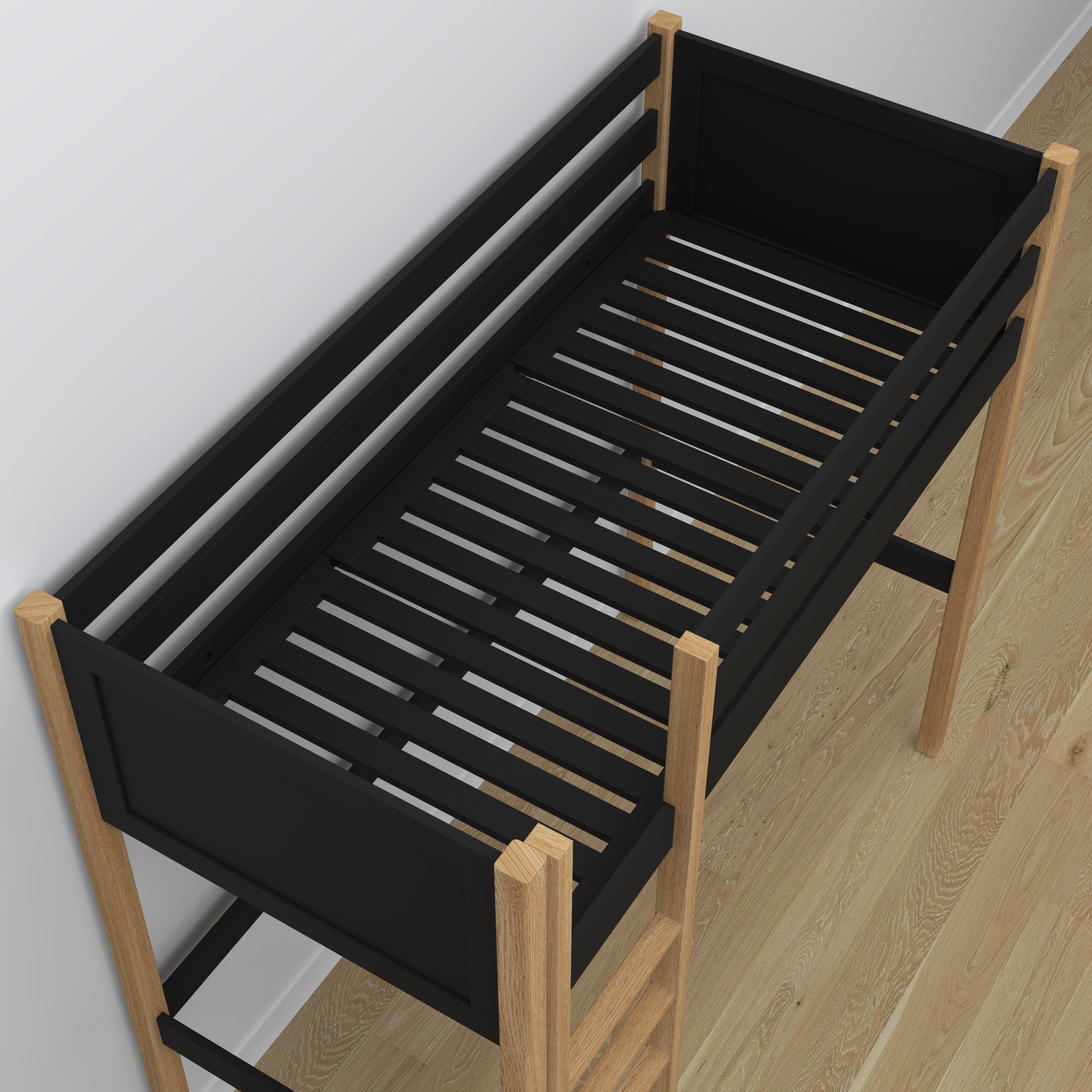 Black and Oak Wooden Loft Bed with Desk – Ladder and Joint Details